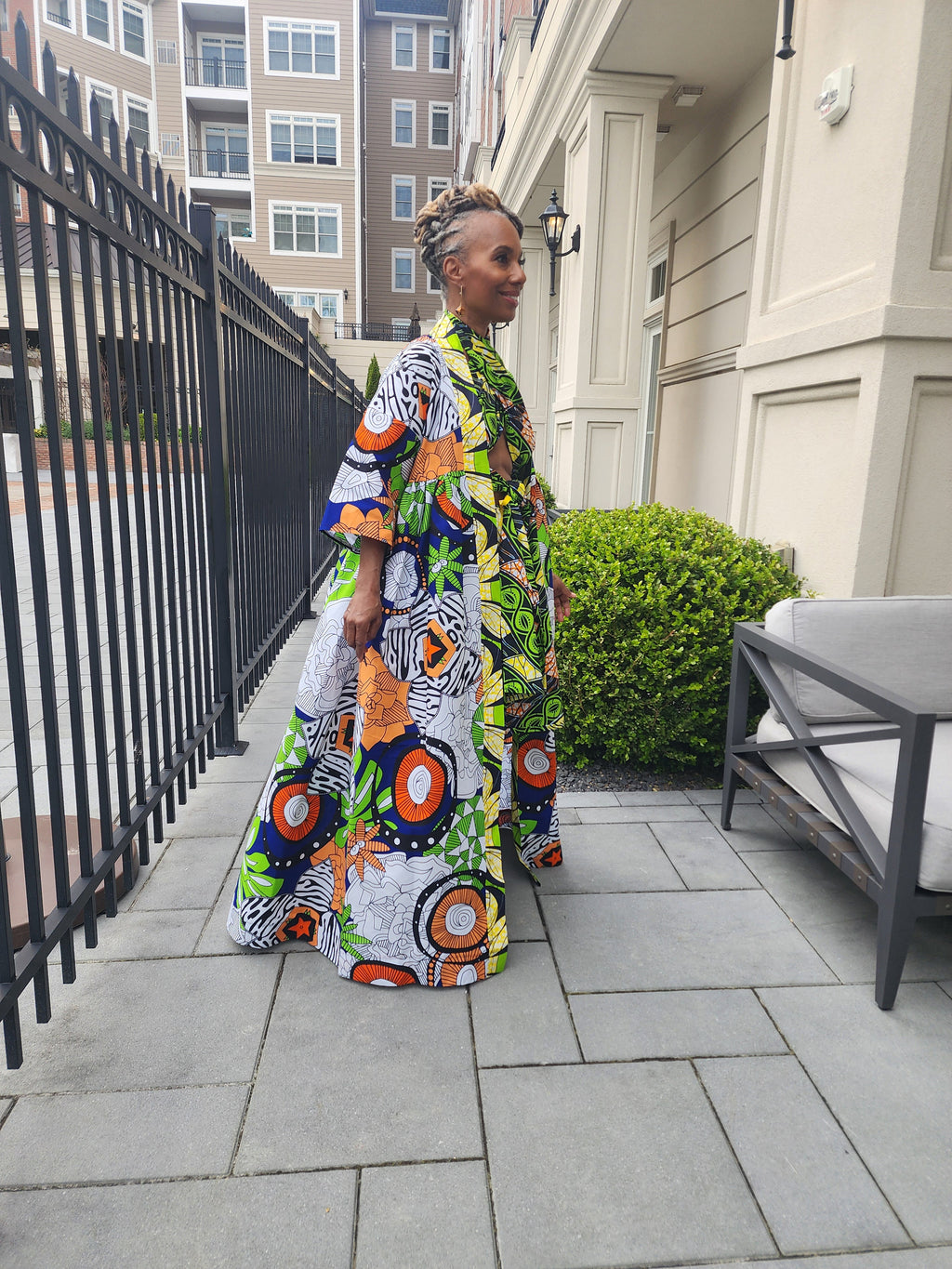 Harusi Kimono, Floor Length  Royal, White and Green Mixed Print Kimono, African Outfits for Women, African Dresses for Women