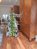 Harusi Kimono, Floor Length  Royal, White and Green Mixed Print Kimono, African Outfits for Women, African Dresses for Women
