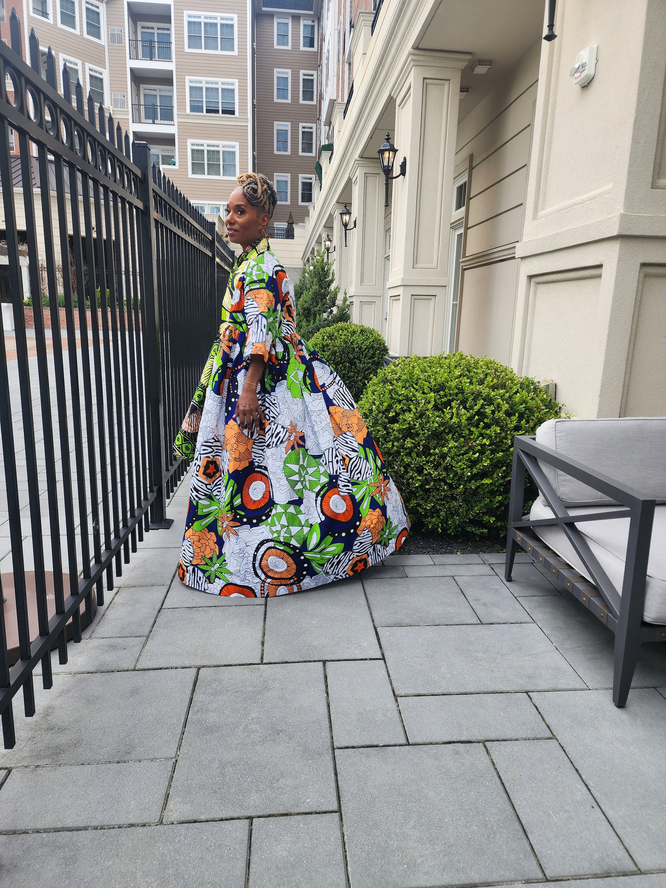 Harusi Kimono, Floor Length  Royal, White and Green Mixed Print Kimono, African Outfits for Women, African Dresses for Women