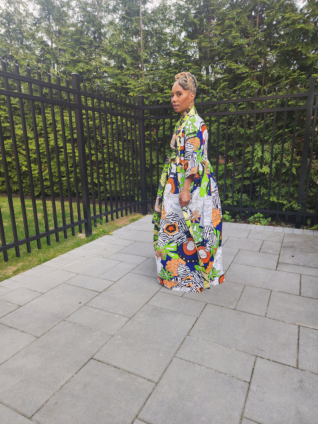 Harusi Kimono, Floor Length  Royal, White and Green Mixed Print Kimono, African Outfits for Women, African Dresses for Women