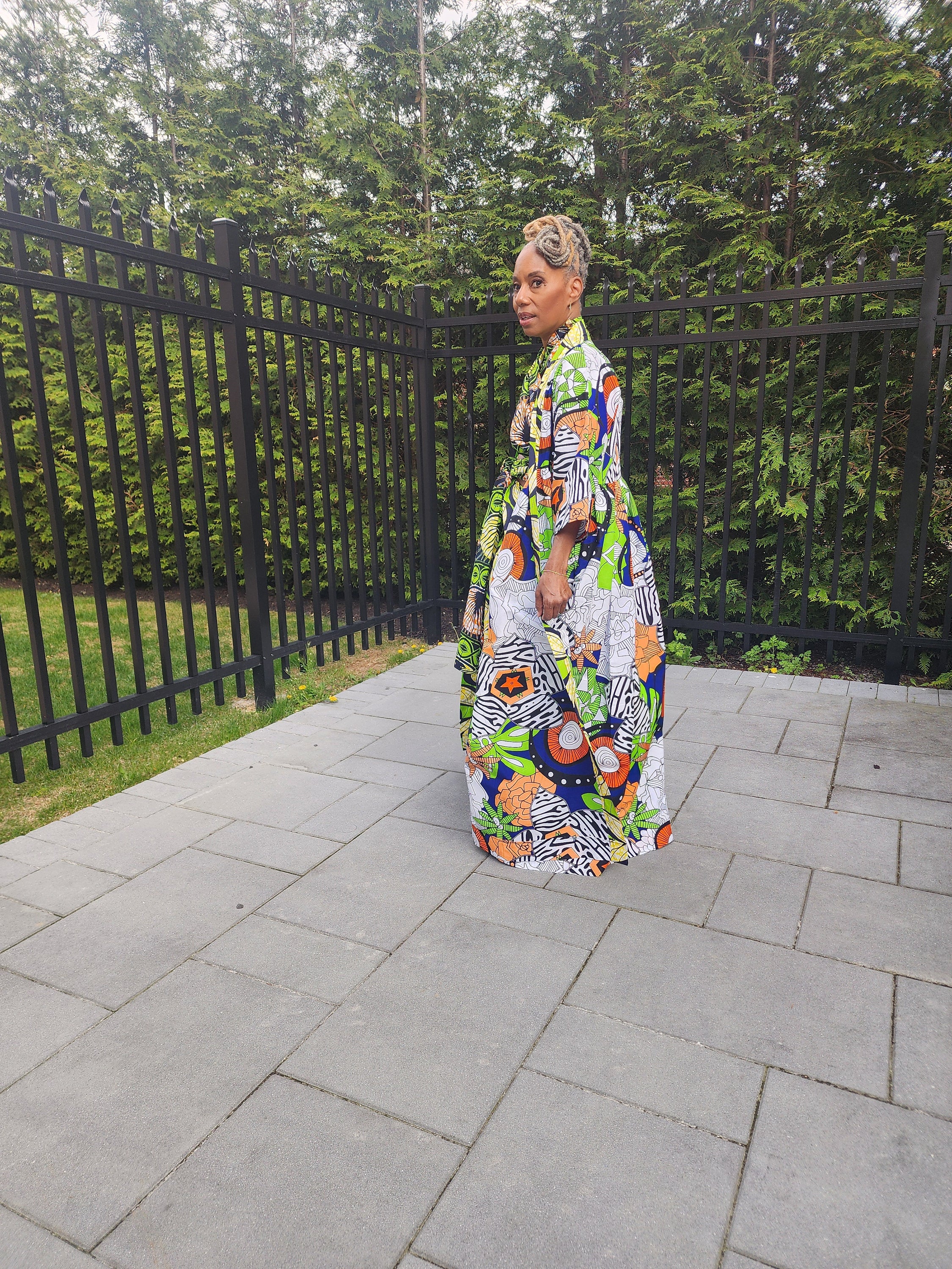 Harusi Kimono, Floor Length  Royal, White and Green Mixed Print Kimono, African Outfits for Women, African Dresses for Women