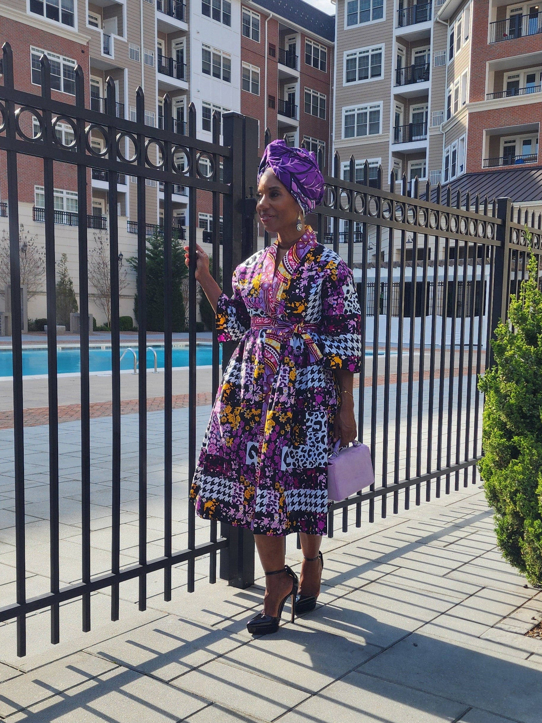 Harusi Kimono  | Black Purple Leapord Mix Mid Length African Print Kimono with belt | Floral Mid-Length Kimono | African Clothing for Women