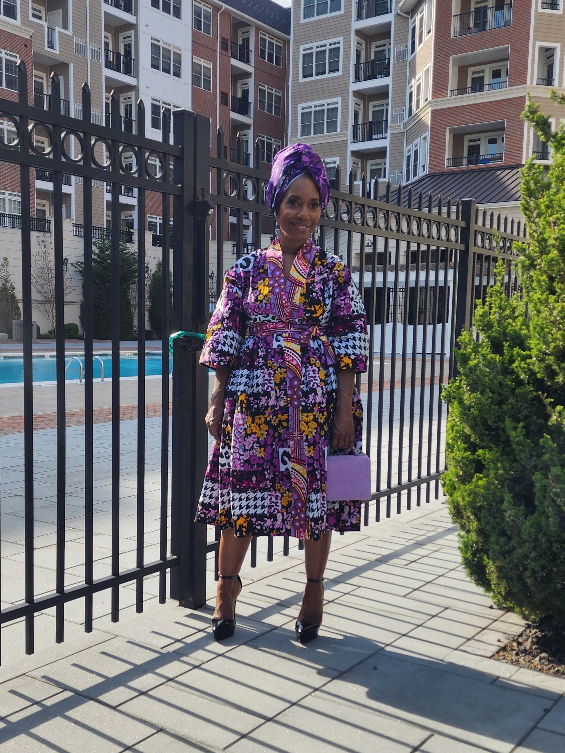 Harusi Kimono  | Black Purple Leapord Mix Mid Length African Print Kimono with belt | Floral Mid-Length Kimono | African Clothing for Women