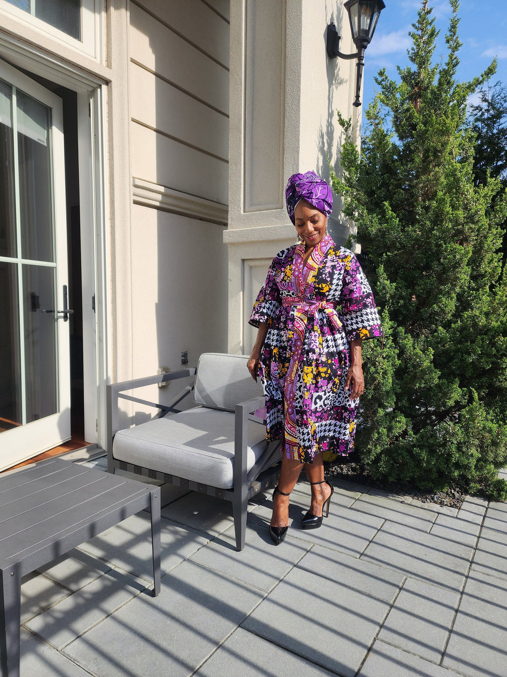 Harusi Kimono  | Black Purple Leapord Mix Mid Length African Print Kimono with belt | Floral Mid-Length Kimono | African Clothing for Women