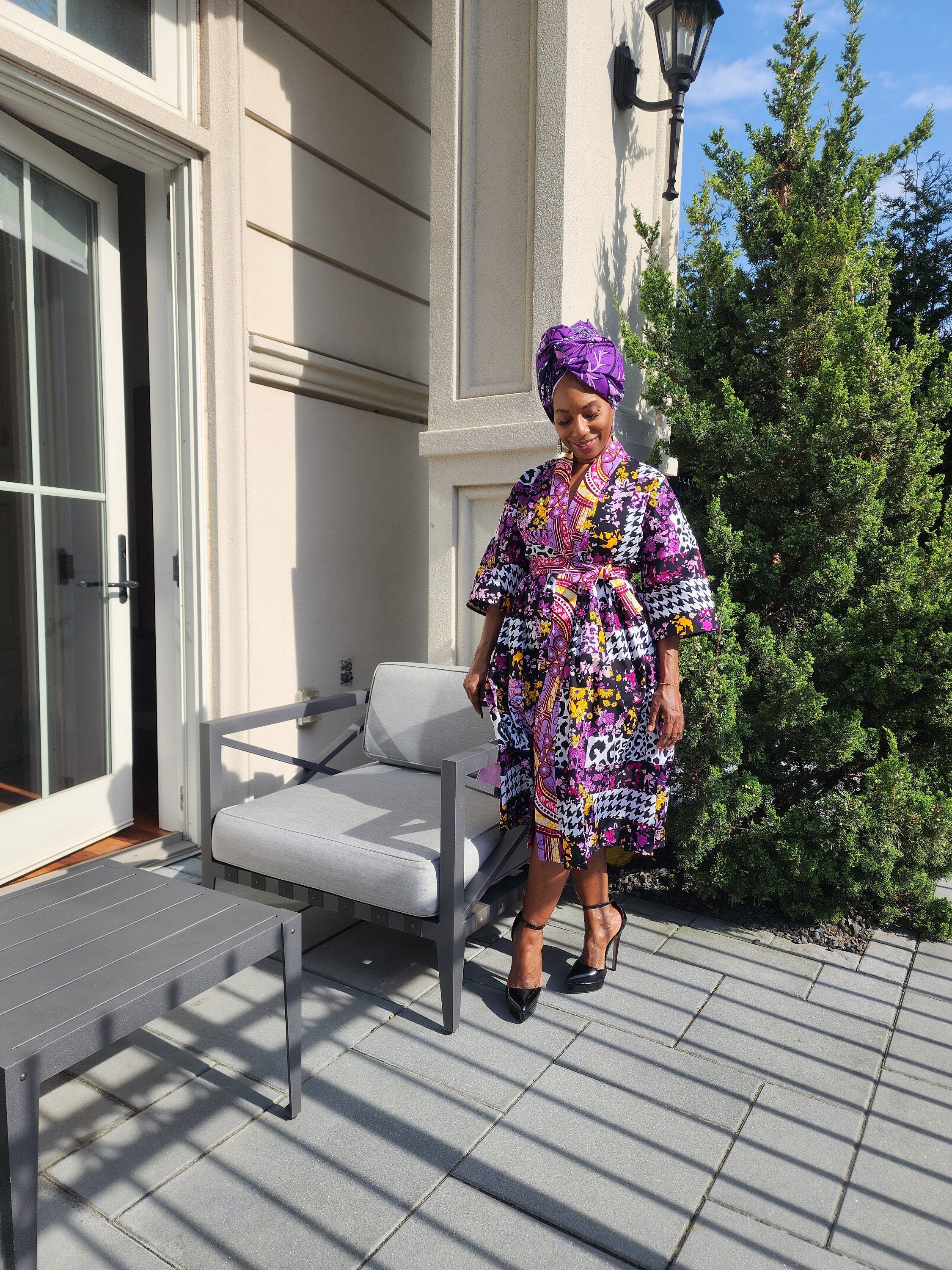 Harusi Kimono  | Black Purple Leapord Mix Mid Length African Print Kimono with belt | Floral Mid-Length Kimono | African Clothing for Women