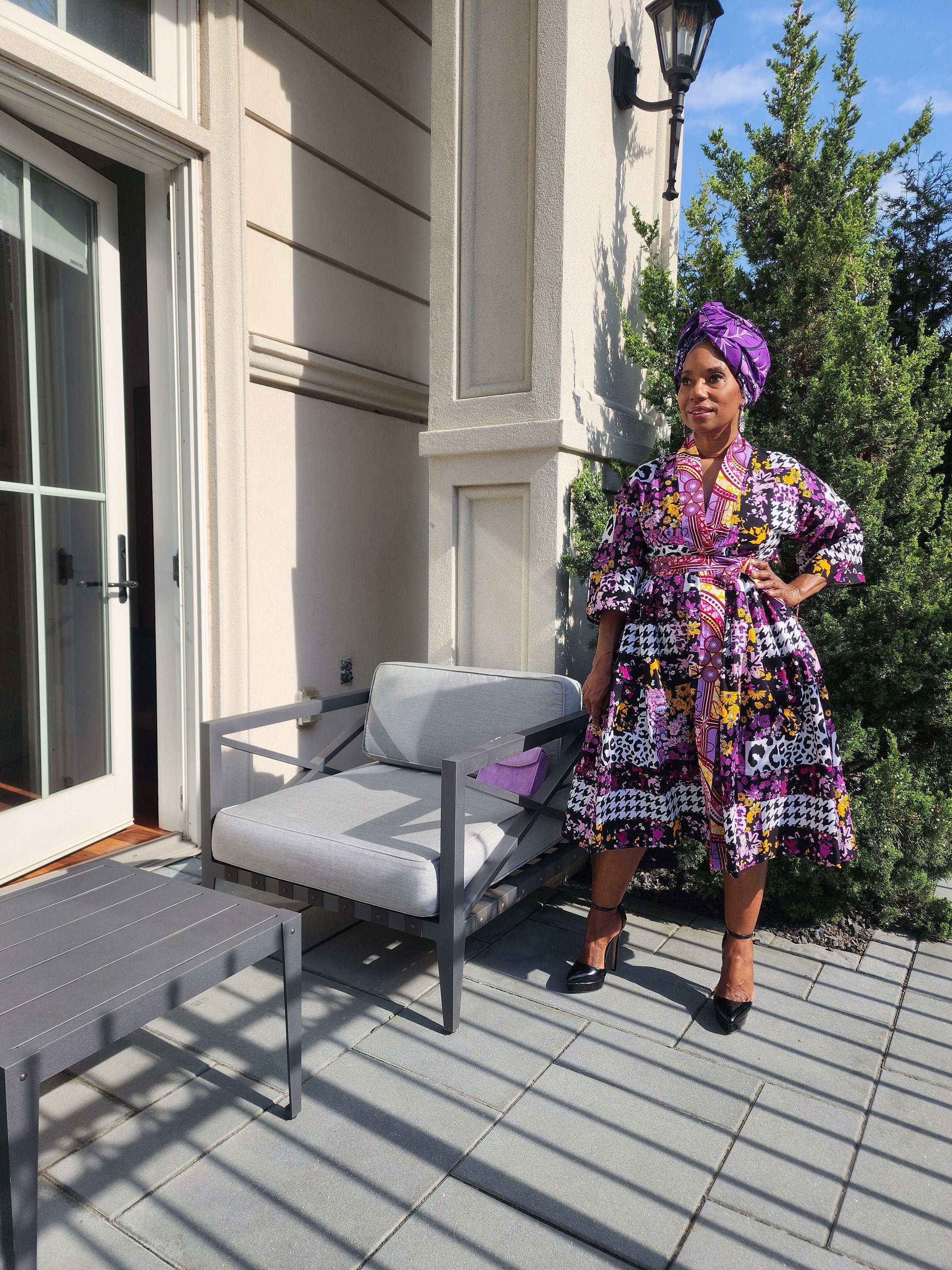 Harusi Kimono  | Black Purple Leapord Mix Mid Length African Print Kimono with belt | Floral Mid-Length Kimono | African Clothing for Women