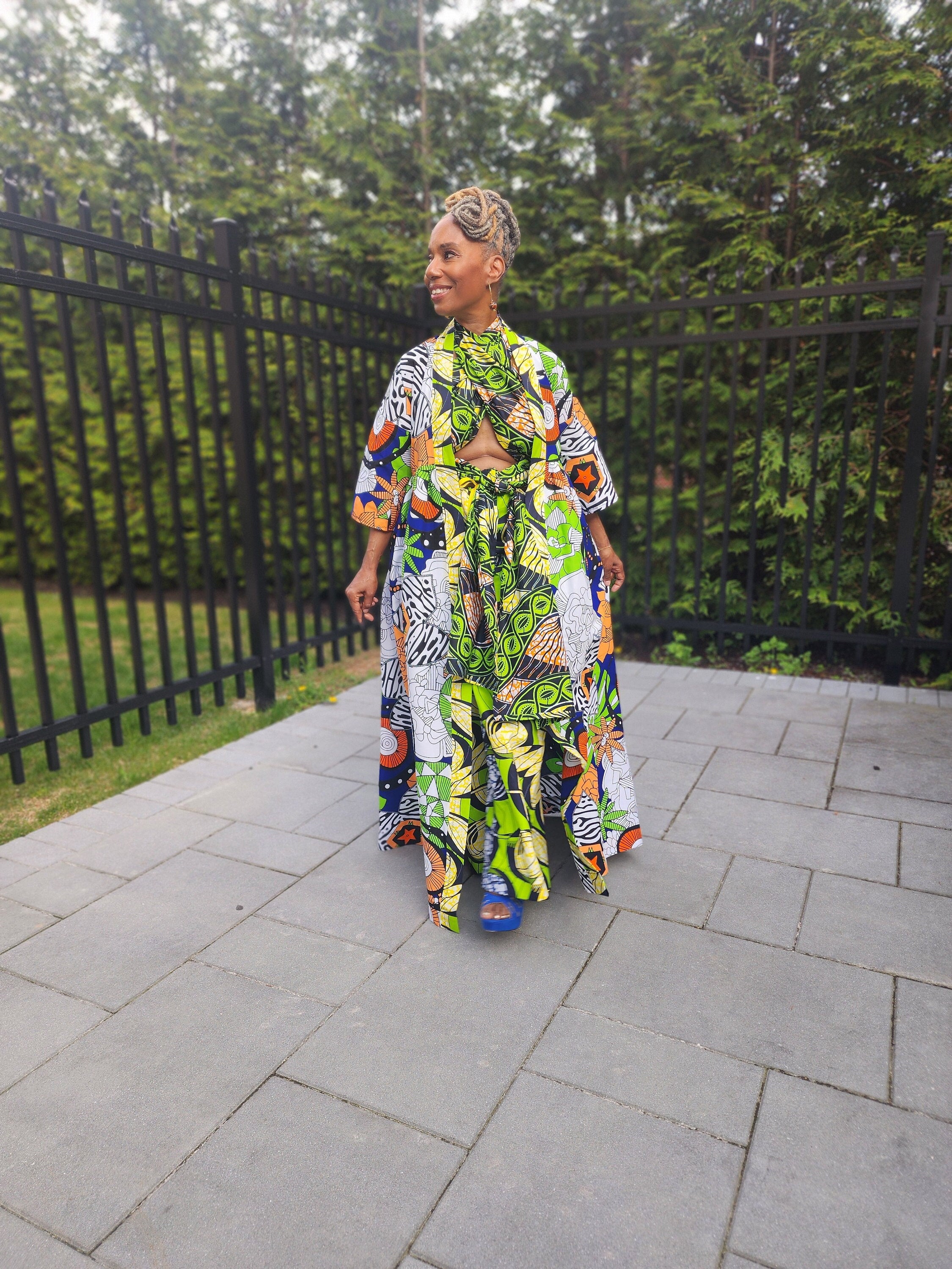 Harusi Kimono, Floor Length  Royal, White and Green Mixed Print Kimono, African Outfits for Women, African Dresses for Women