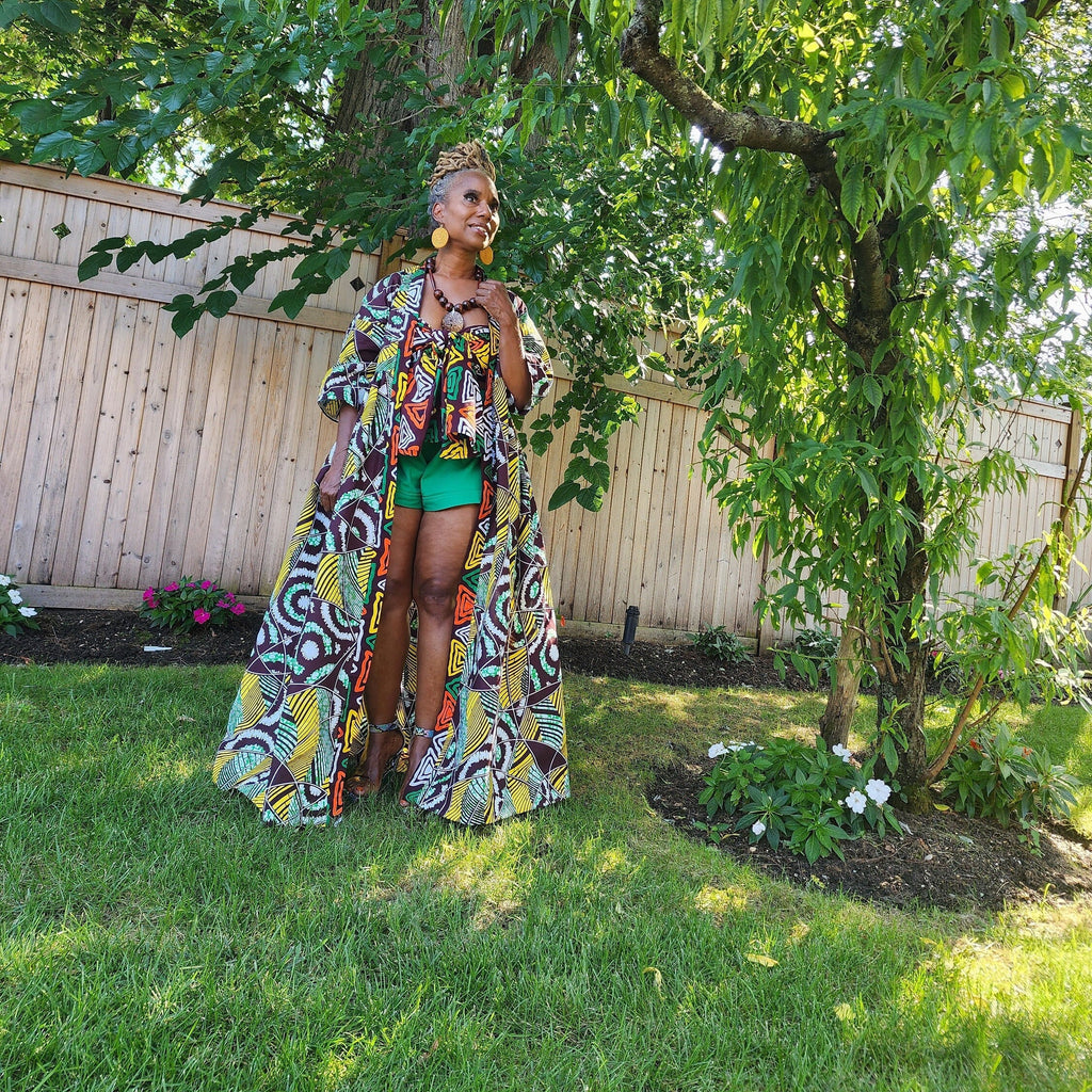Harusi Kimono, Brown Yellow White Green Abstract Print African Kimono Midi Full-Length