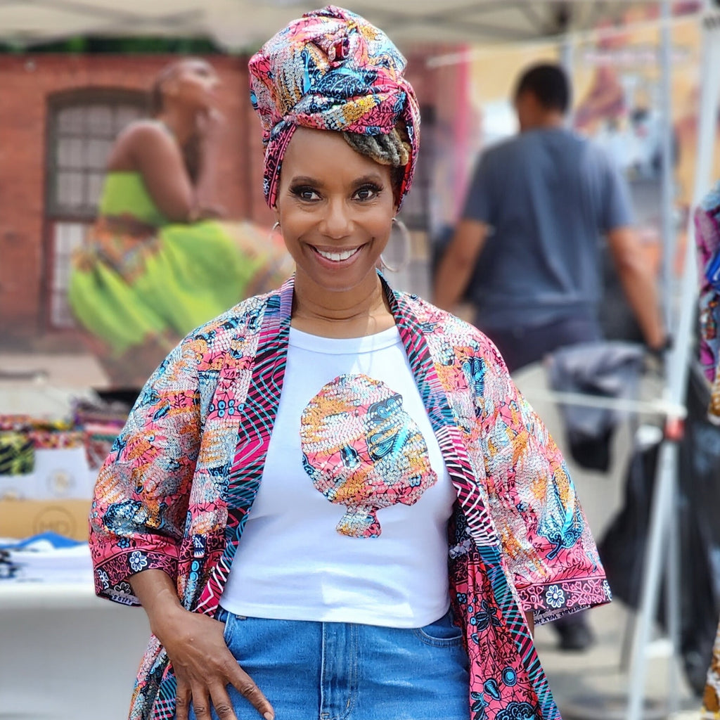 Sequin African Wax Print Head Wrap: Embroidered Cotton Scarf