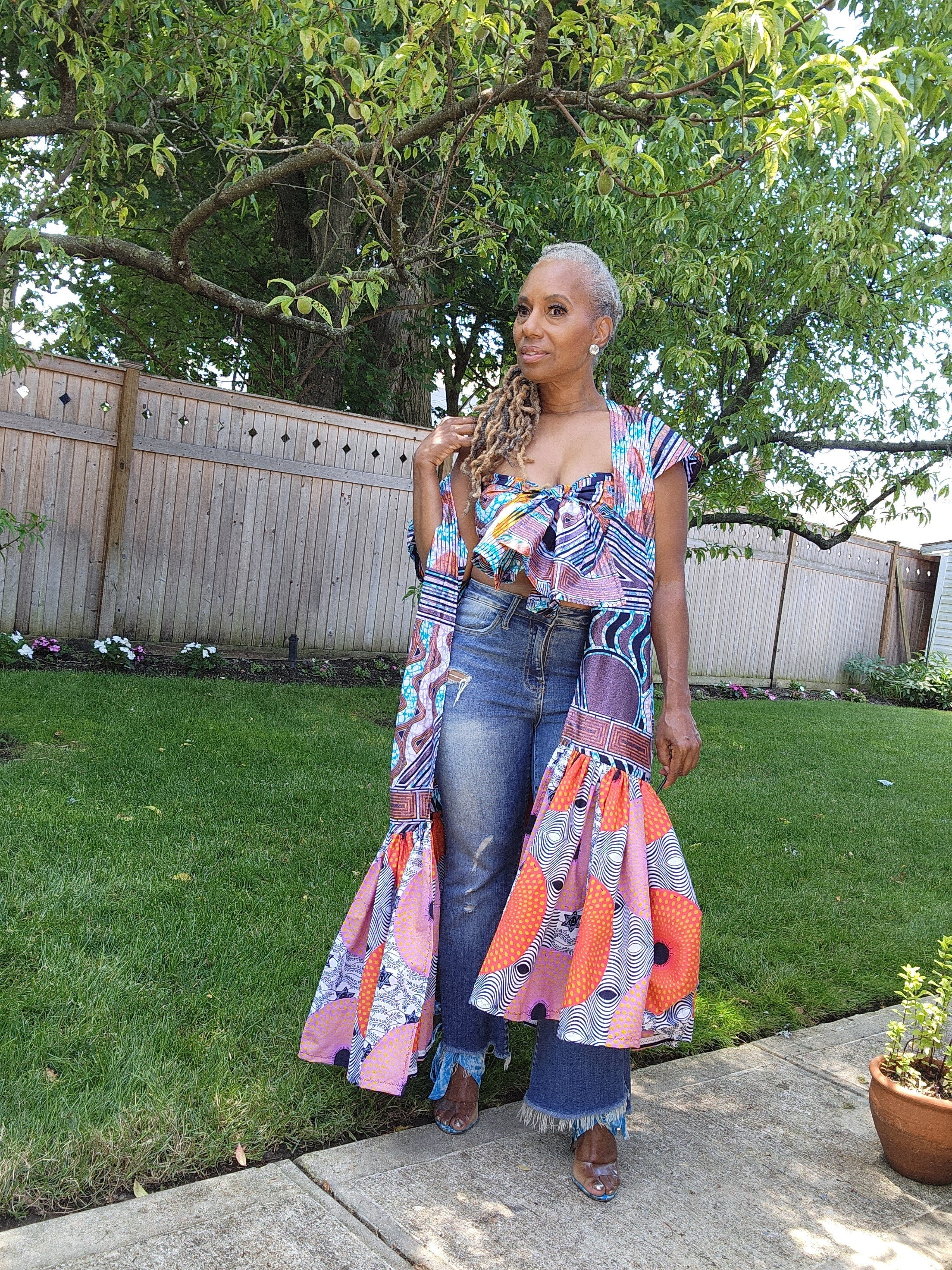 FUNIKA Duster, Lavender, Navy and Orange Glitter Wax African Print Duster, African Print Kimono, African Dress for Women