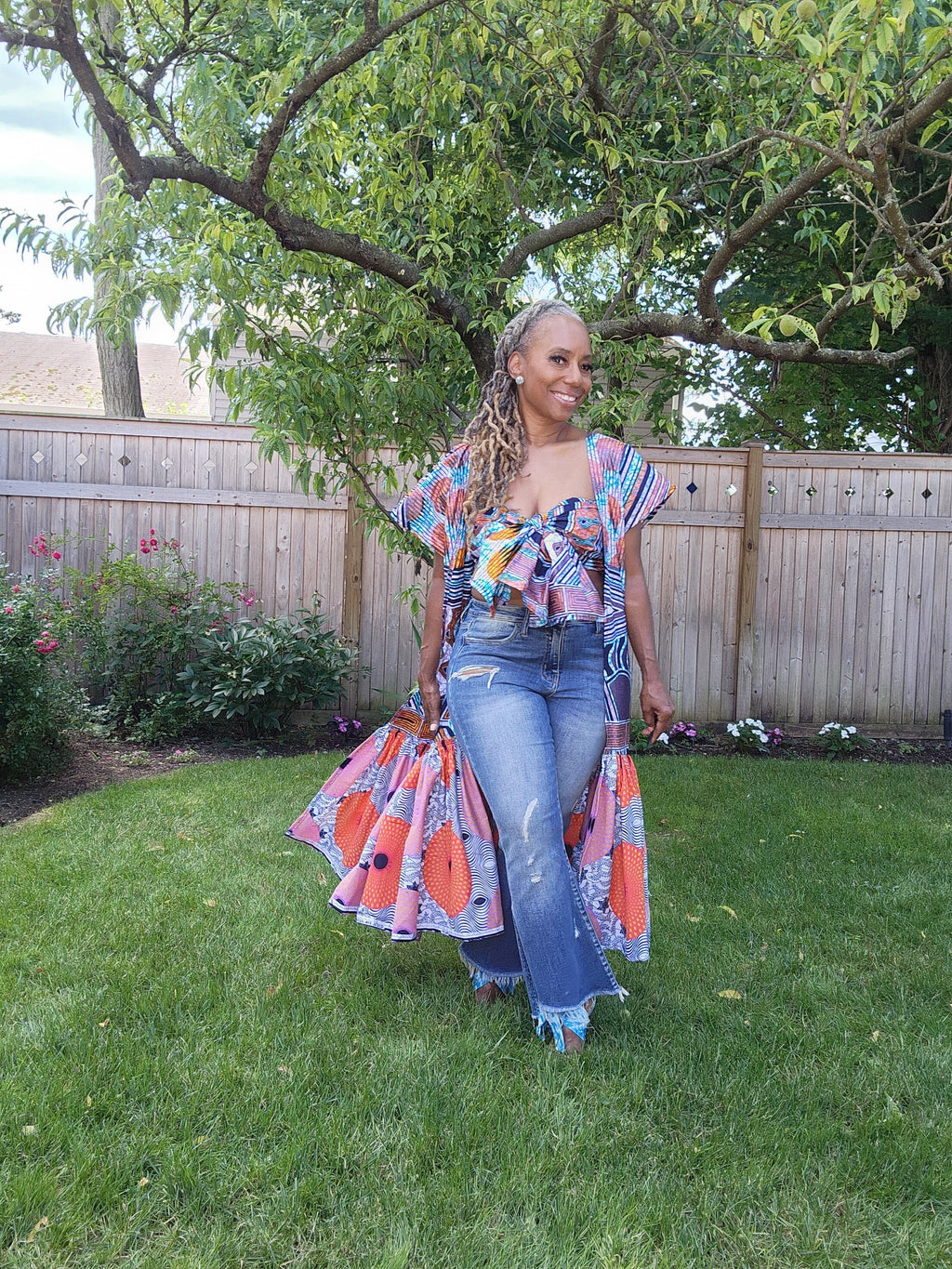 FUNIKA Duster, Lavender, Navy and Orange Glitter Wax African Print Duster, African Print Kimono, African Dress for Women