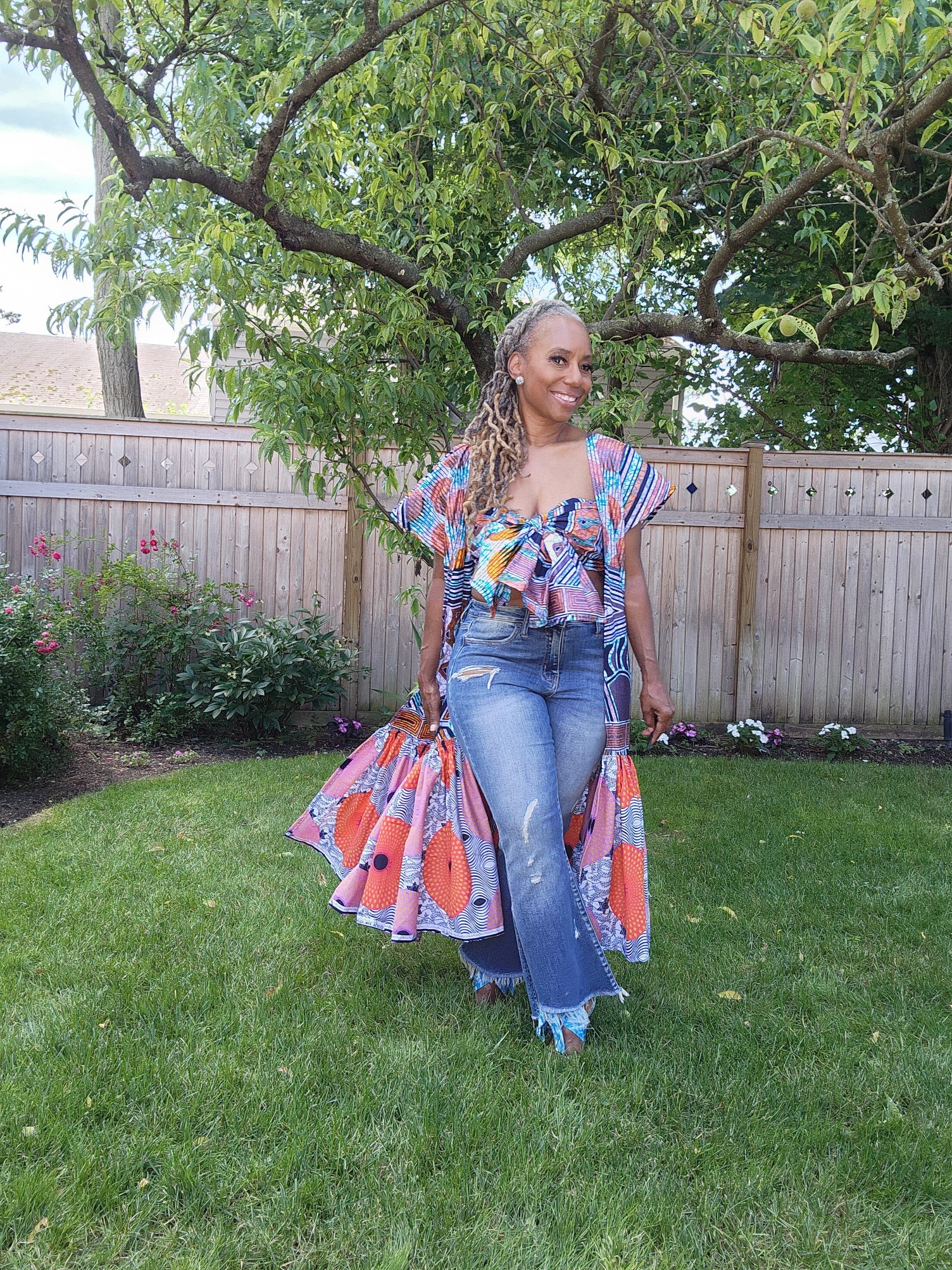FUNIKA Duster, Lavender, Navy and Orange Glitter Wax African Print Duster, African Print Kimono, African Dress for Women