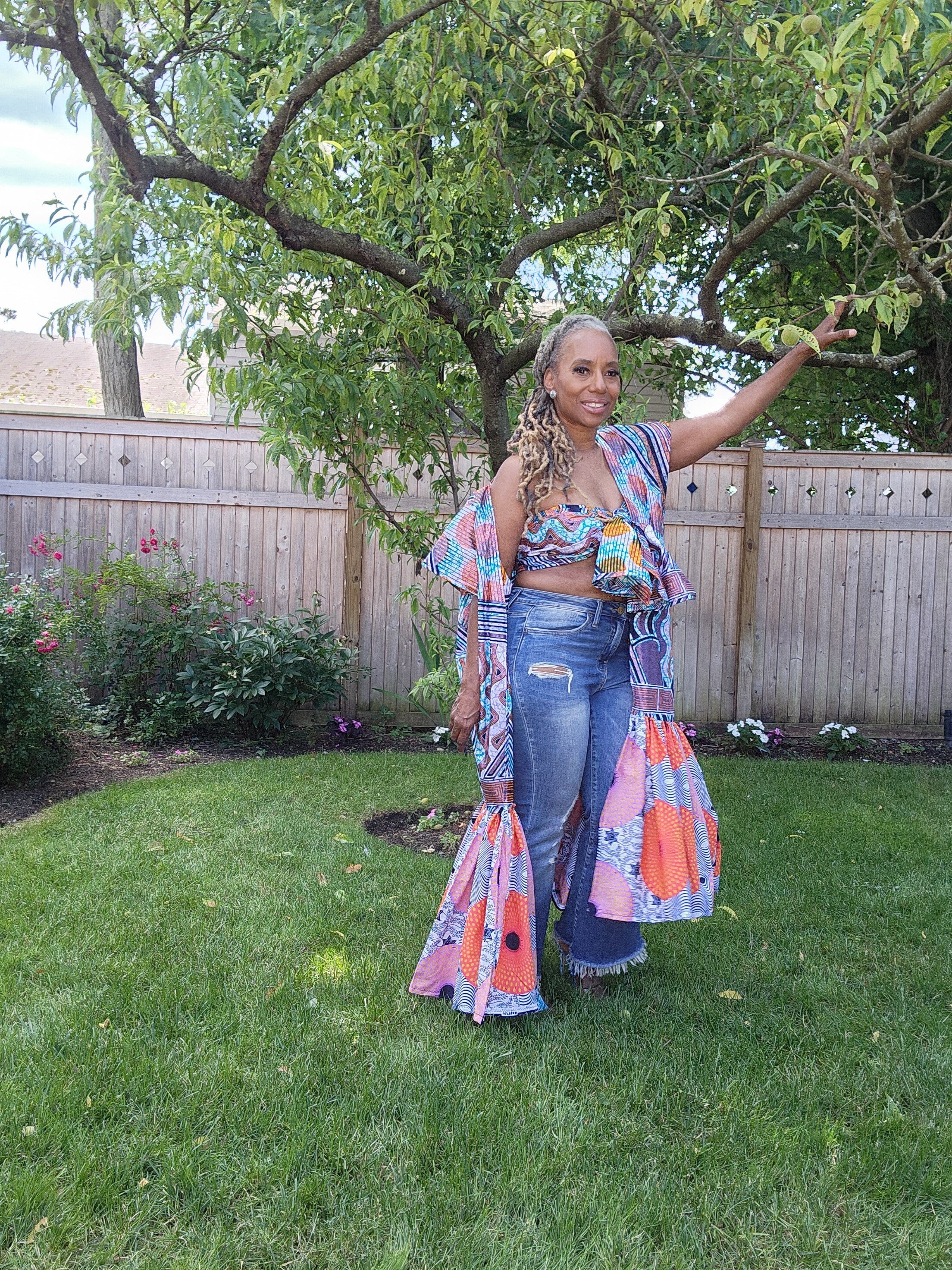 FUNIKA Duster, Lavender, Navy and Orange Glitter Wax African Print Duster, African Print Kimono, African Dress for Women