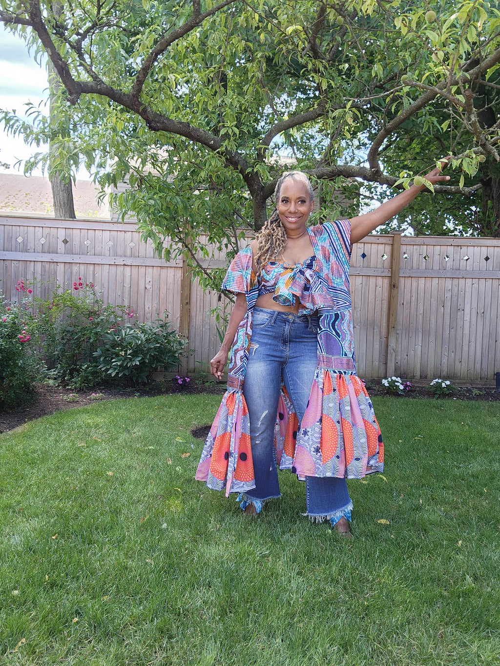 FUNIKA Duster, Lavender, Navy and Orange Glitter Wax African Print Duster, African Print Kimono, African Dress for Women