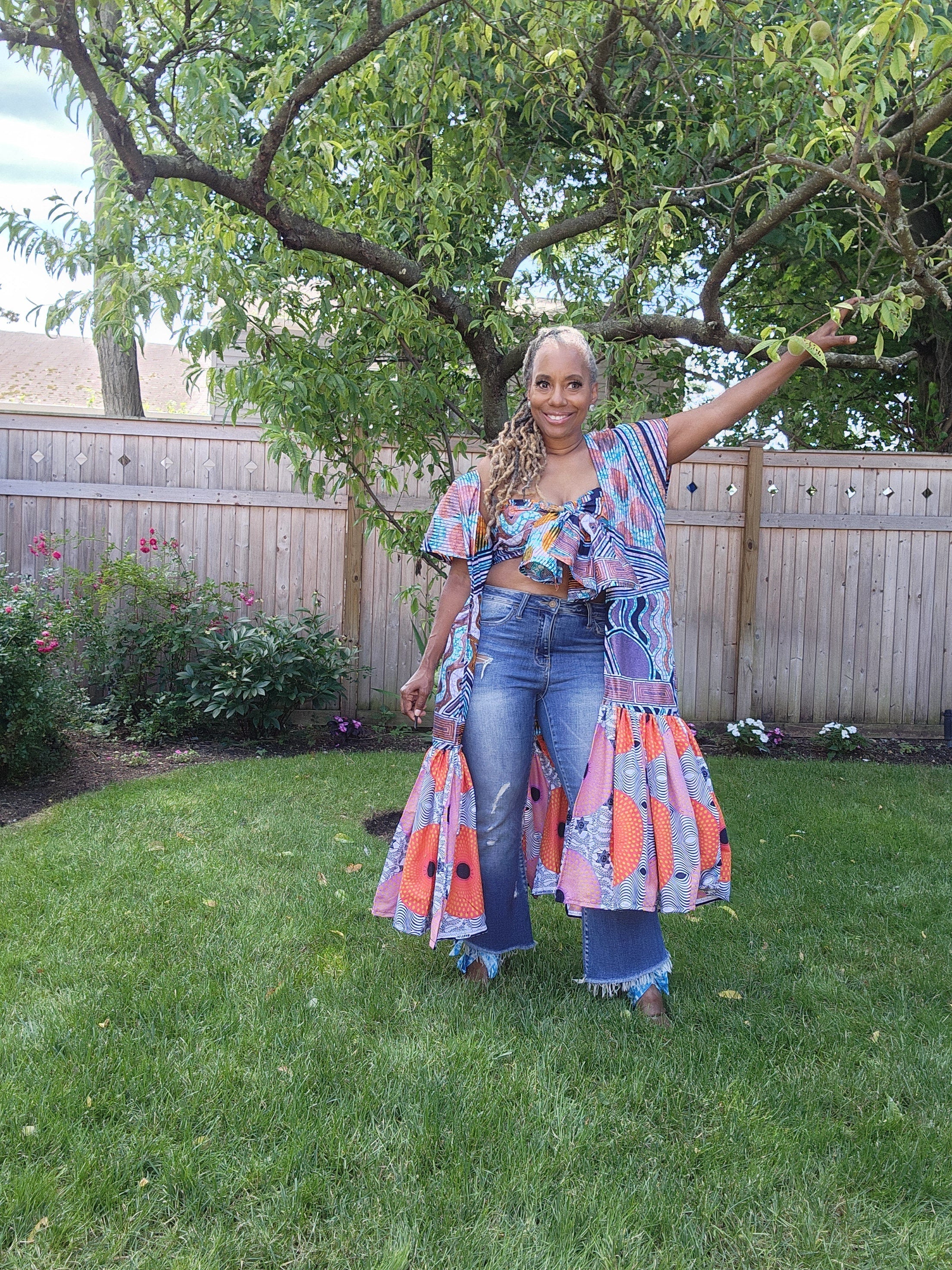 FUNIKA Duster, Lavender, Navy and Orange Glitter Wax African Print Duster, African Print Kimono, African Dress for Women