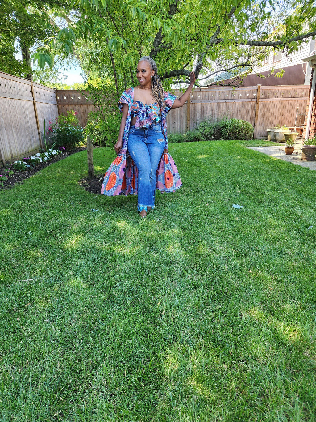 FUNIKA Duster, Lavender, Navy and Orange Glitter Wax African Print Duster, African Print Kimono, African Dress for Women