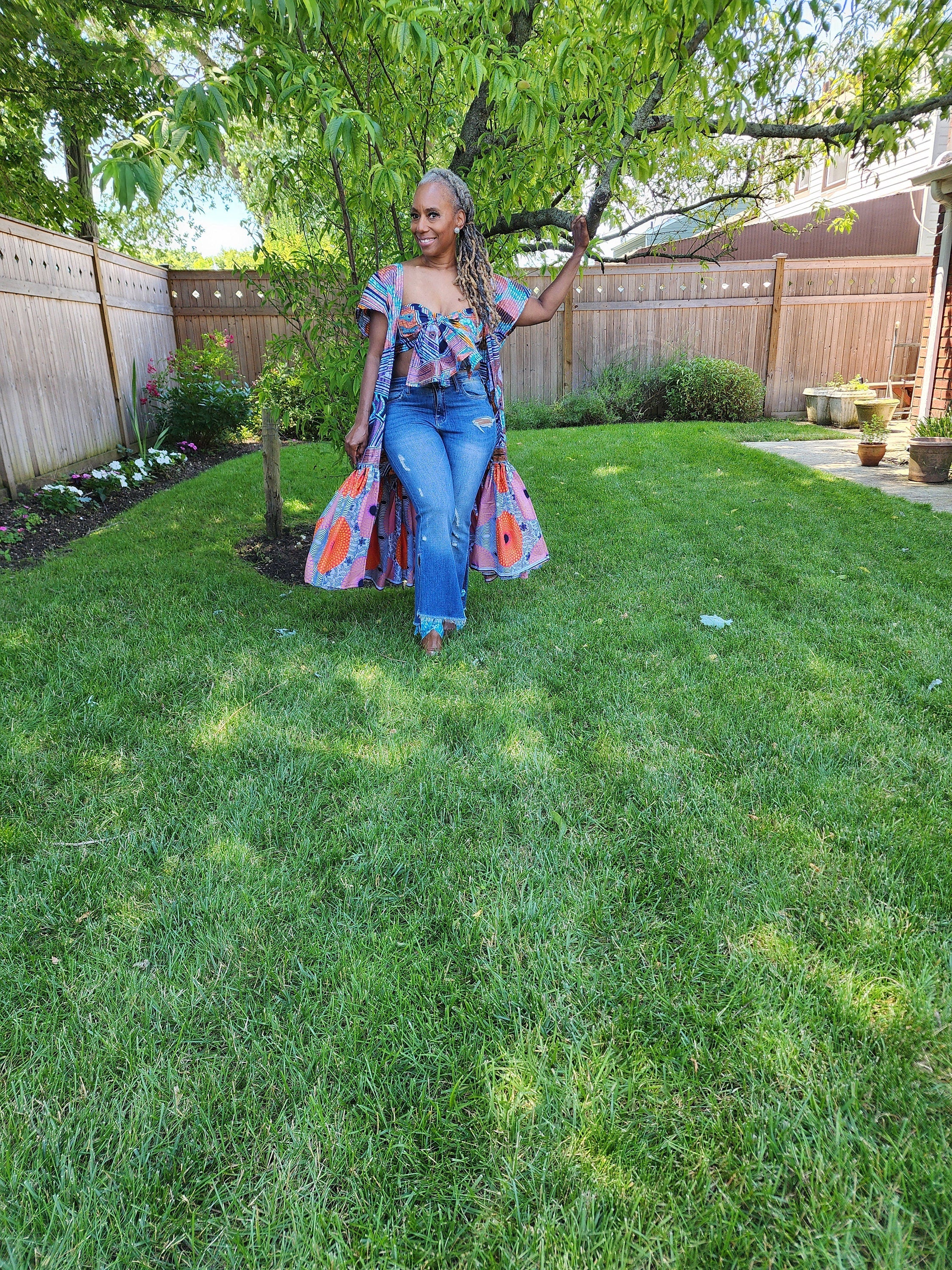 FUNIKA Duster, Lavender, Navy and Orange Glitter Wax African Print Duster, African Print Kimono, African Dress for Women