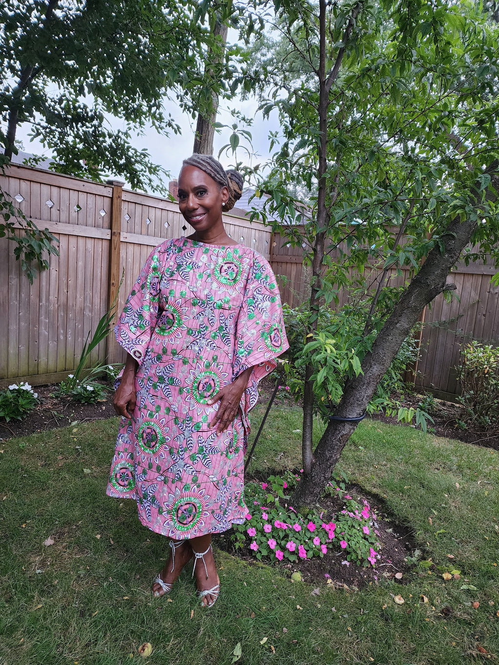 Sequin Ankara Kaftan Dress: Pink & Green African Print, Plus Size