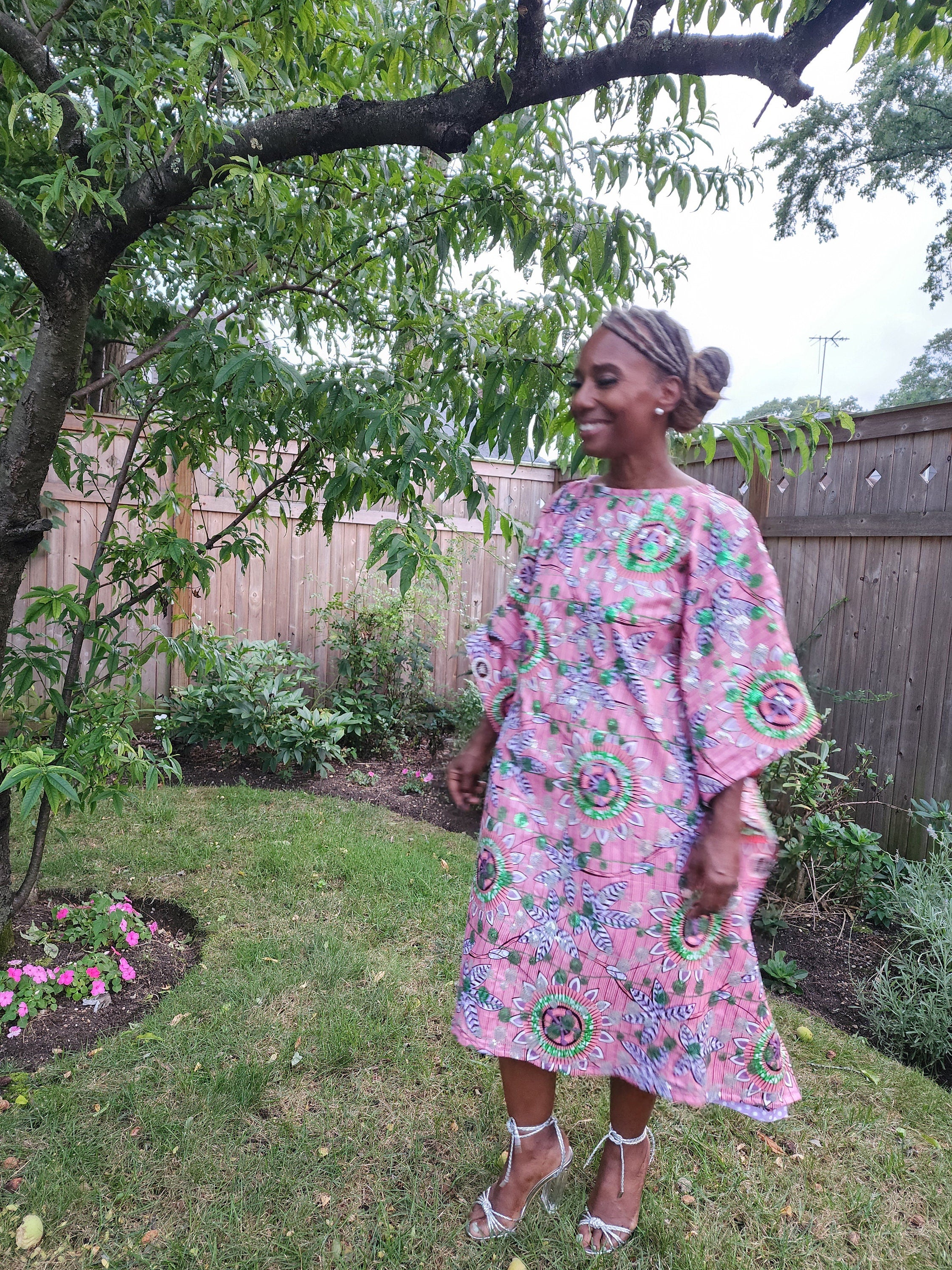 Sequin Ankara Kaftan Dress: Pink & Green African Print, Plus Size