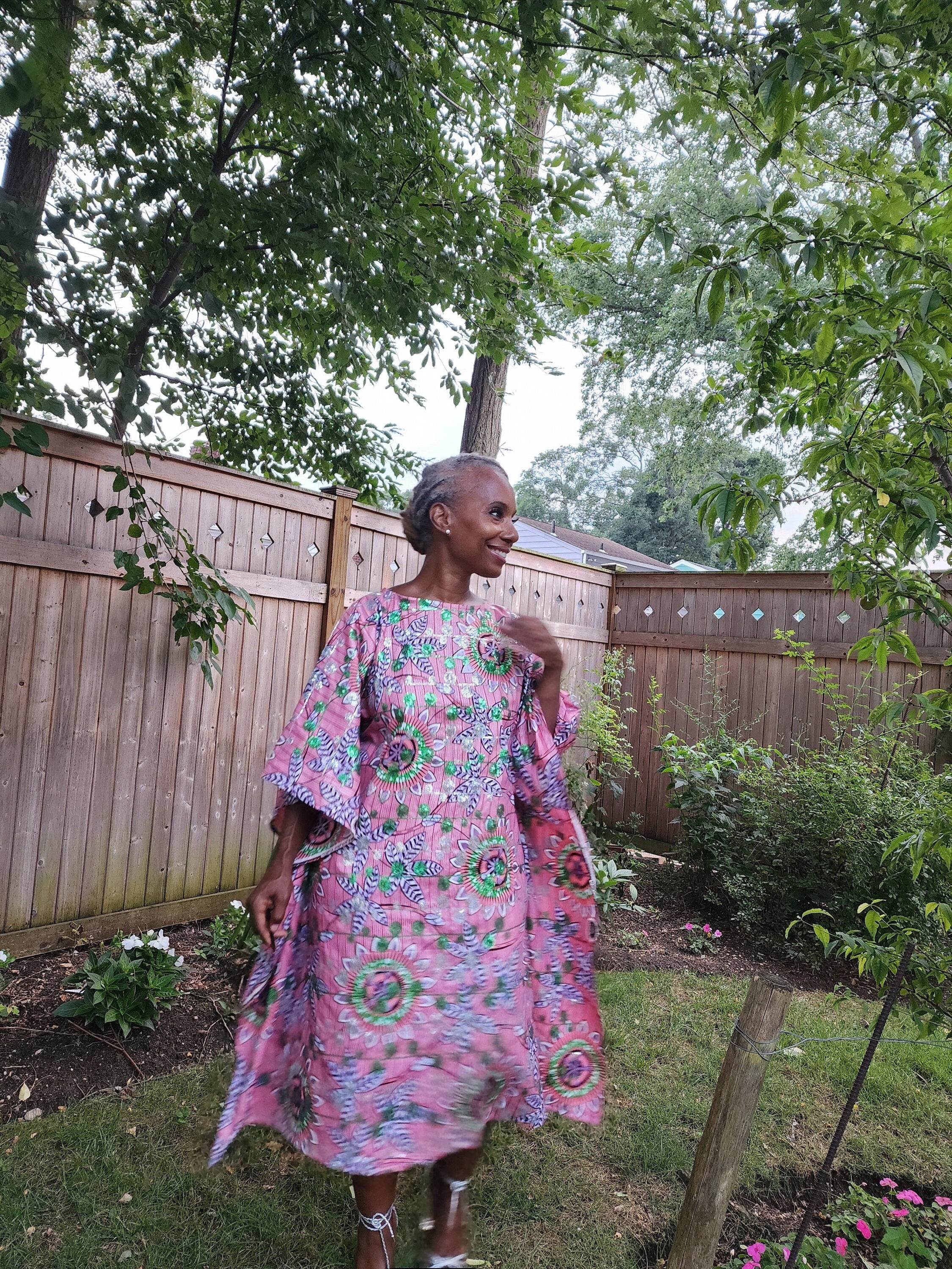 Sequin Ankara Kaftan Dress: Pink & Green African Print, Plus Size