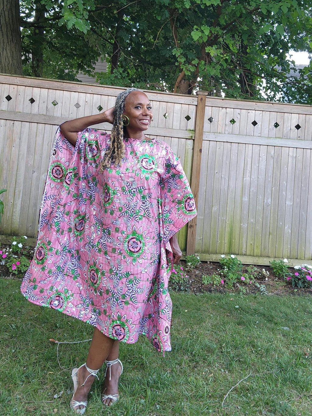 Sequin Ankara Kaftan Dress: Pink & Green African Print, Plus Size