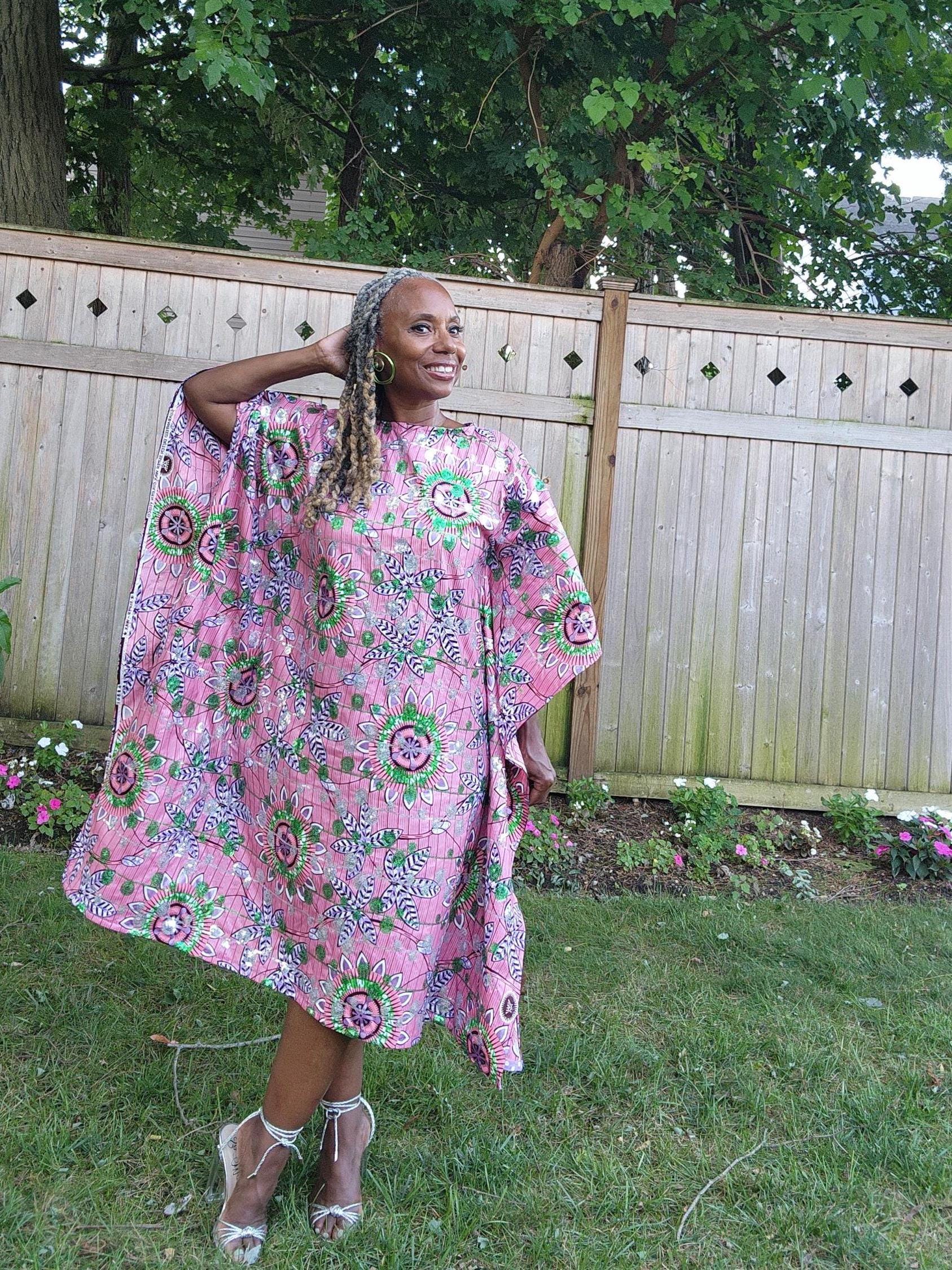Sequin Ankara Kaftan Dress: Pink & Green African Print, Plus Size