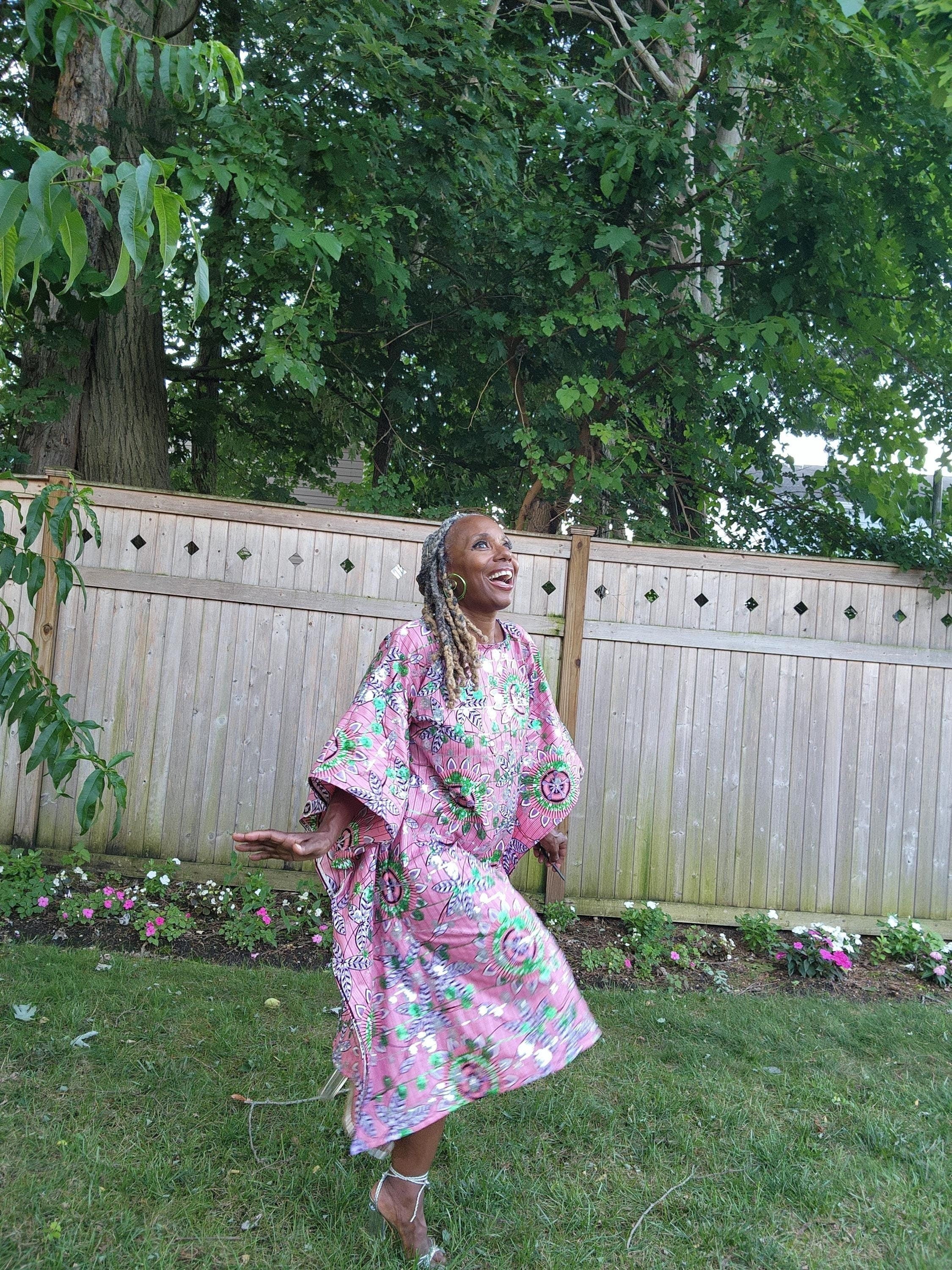 Sequin Ankara Kaftan Dress: Pink & Green African Print, Plus Size