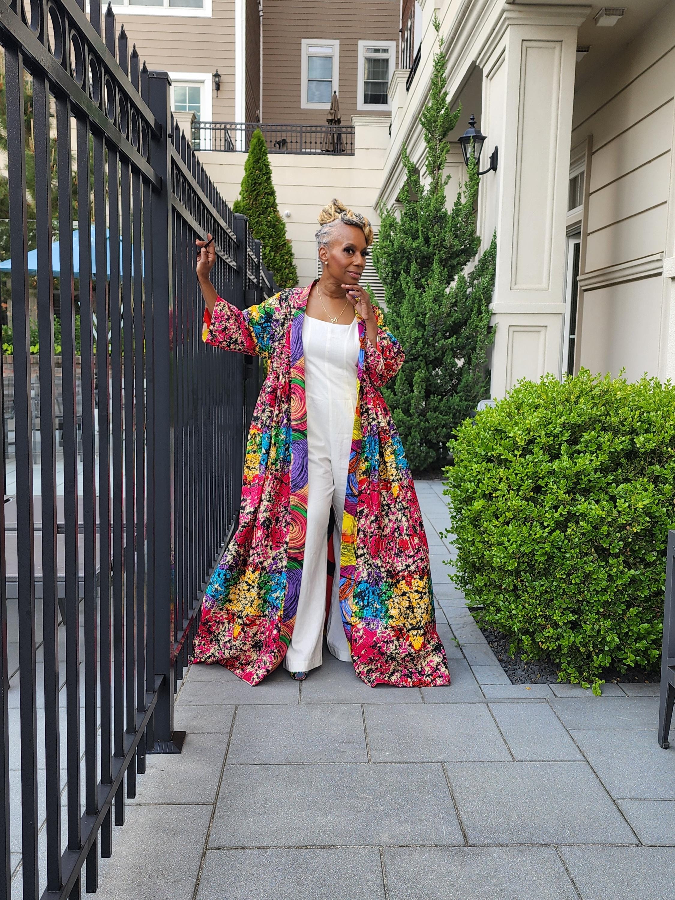 Reversible Harusi Kimono, African Wax Mix Print Kimono, Modest Church Dress, Full Length Duster