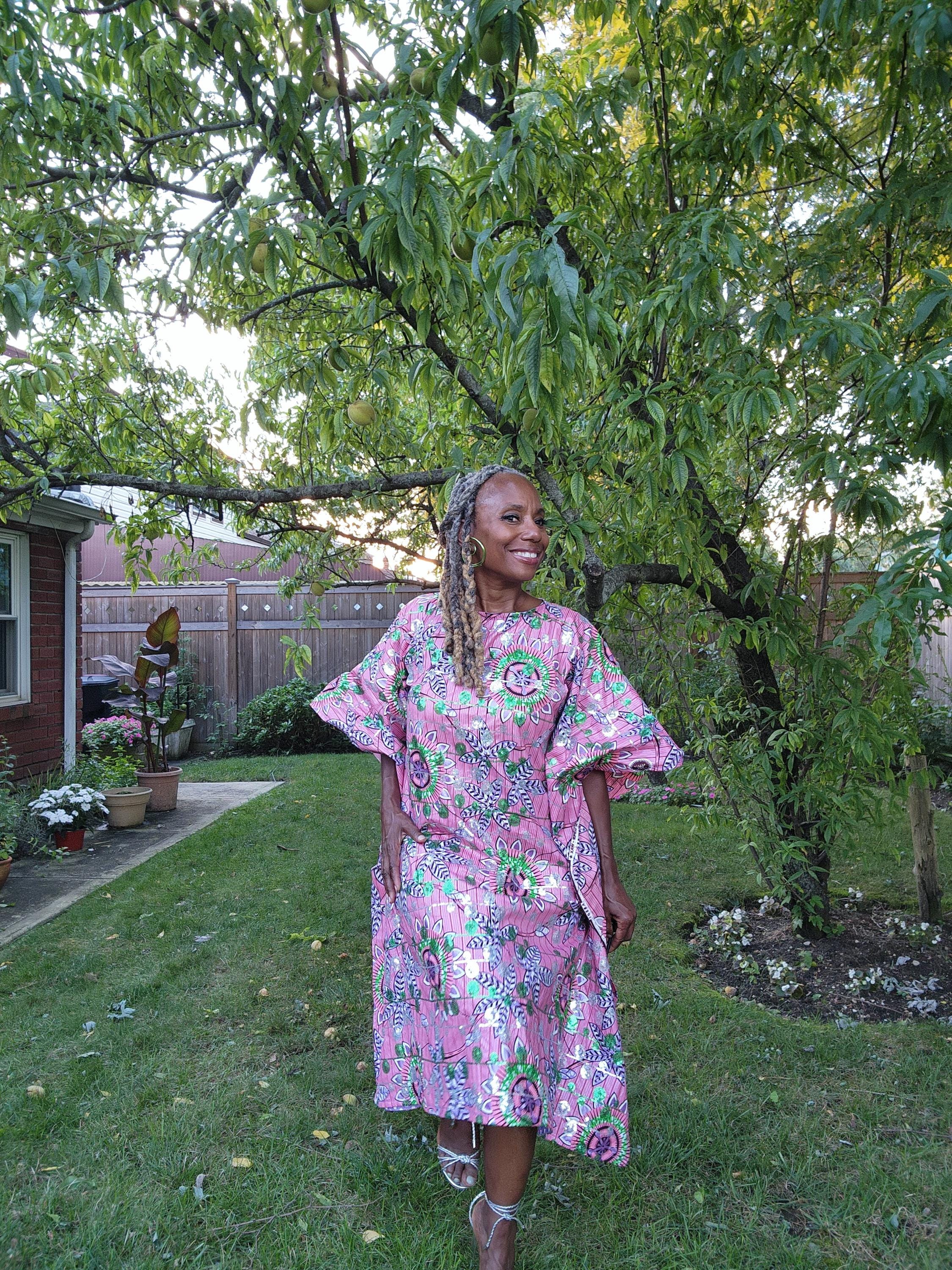 Sequin Ankara Kaftan Dress: Pink & Green African Print, Plus Size