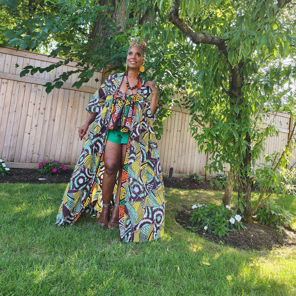 Harusi Kimono, Brown Yellow White Green Abstract Print African Kimono Midi Full-Length