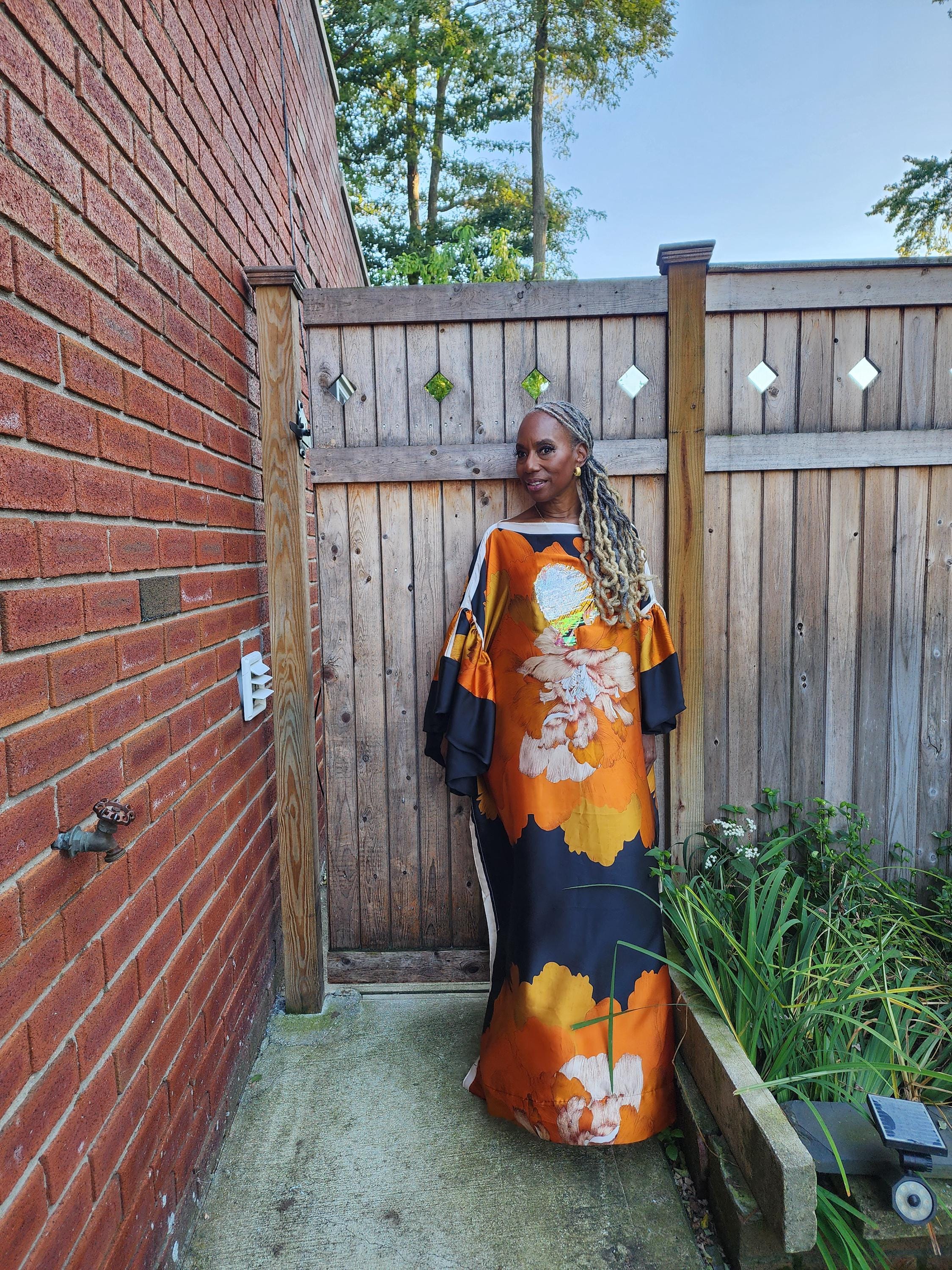 Sequin LiiLiiGiirl Kaftan Dress: Black, Gold, Orange Floral One Size Kaftan Dress