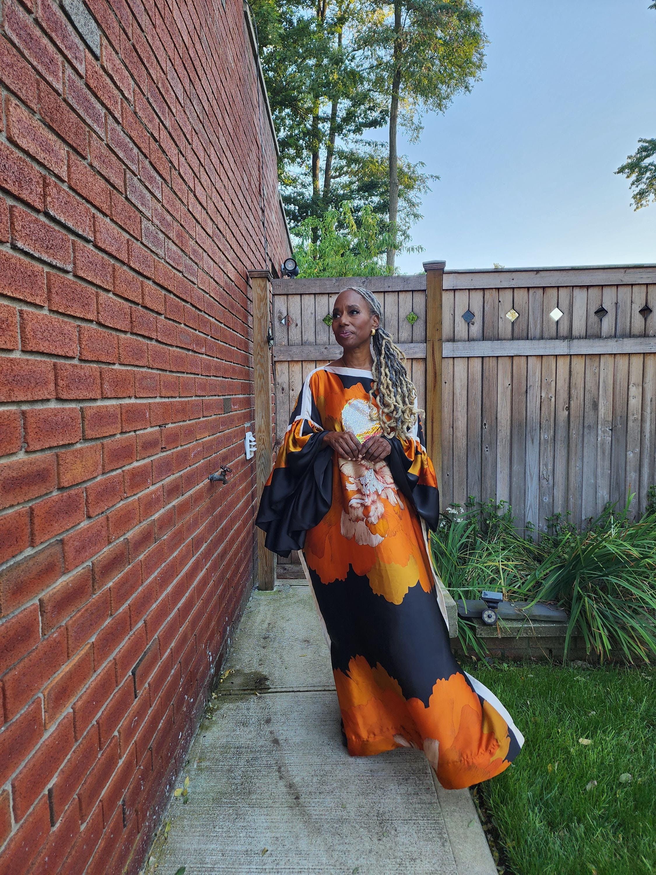 Sequin LiiLiiGiirl Kaftan Dress: Black, Gold, Orange Floral One Size Kaftan Dress