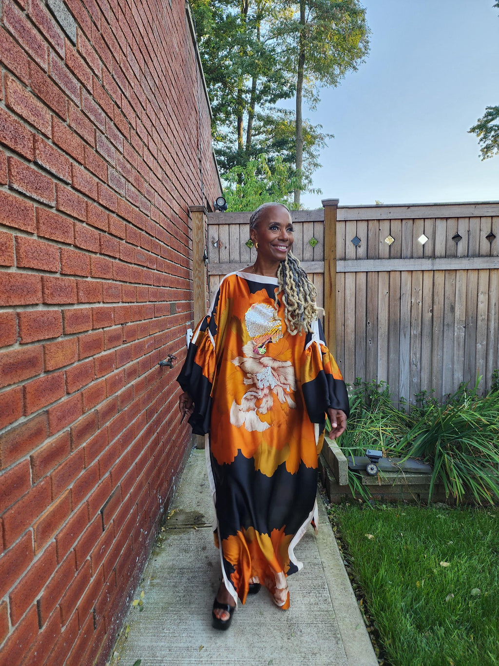 Sequin LiiLiiGiirl Kaftan Dress: Black, Gold, Orange Floral One Size Kaftan Dress