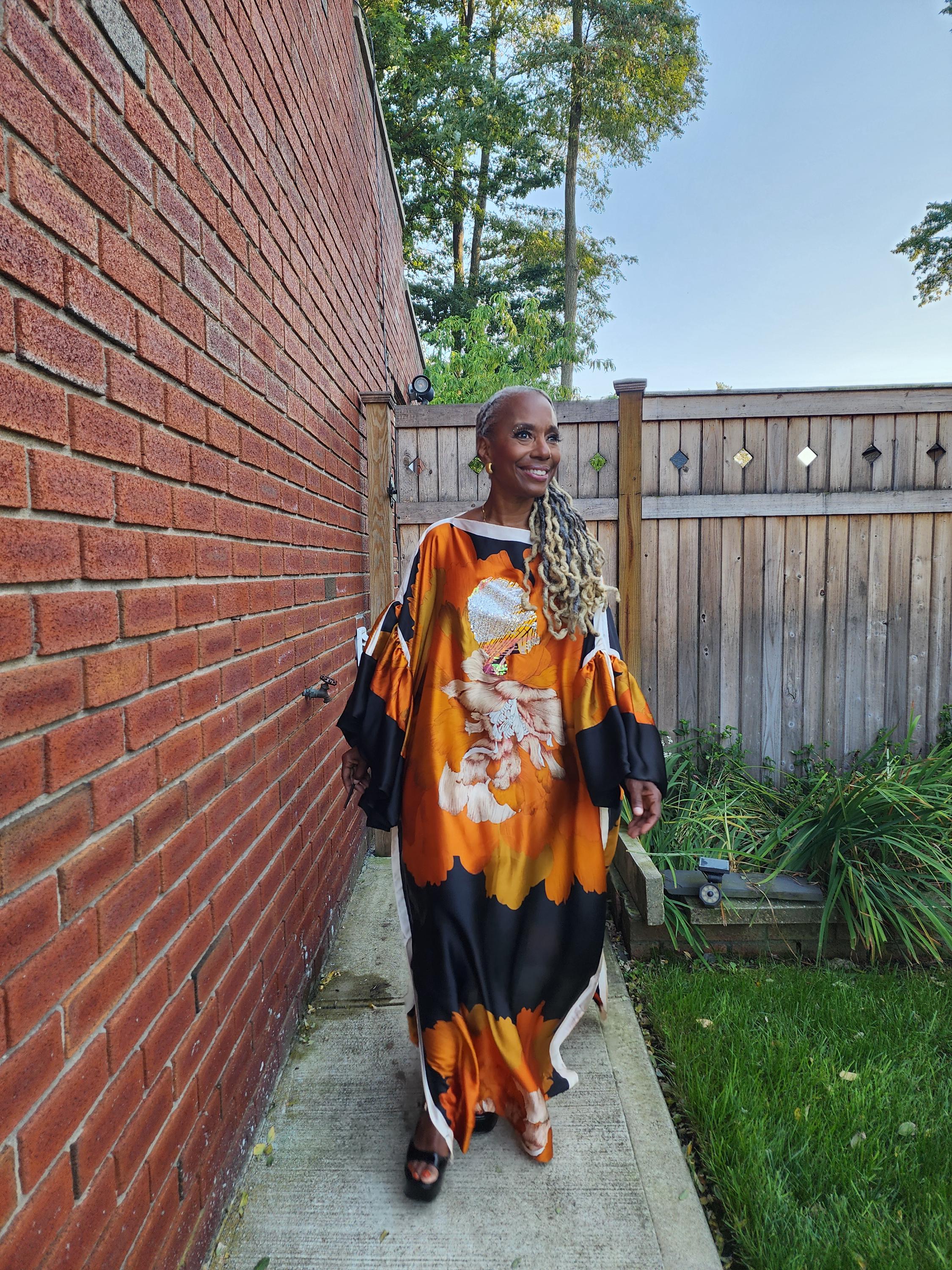 Sequin LiiLiiGiirl Kaftan Dress: Black, Gold, Orange Floral One Size Kaftan Dress