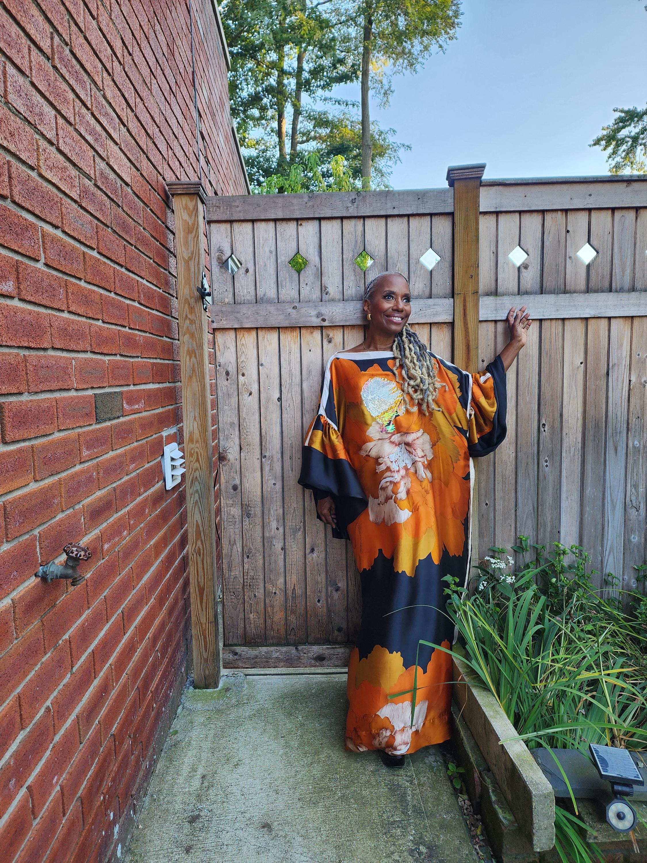 Sequin LiiLiiGiirl Kaftan Dress: Black, Gold, Orange Floral One Size Kaftan Dress Sequin LiiLiiGiirl Kaftan Dress: Black, Gold, Orange Floral One Size Kaftan Dress