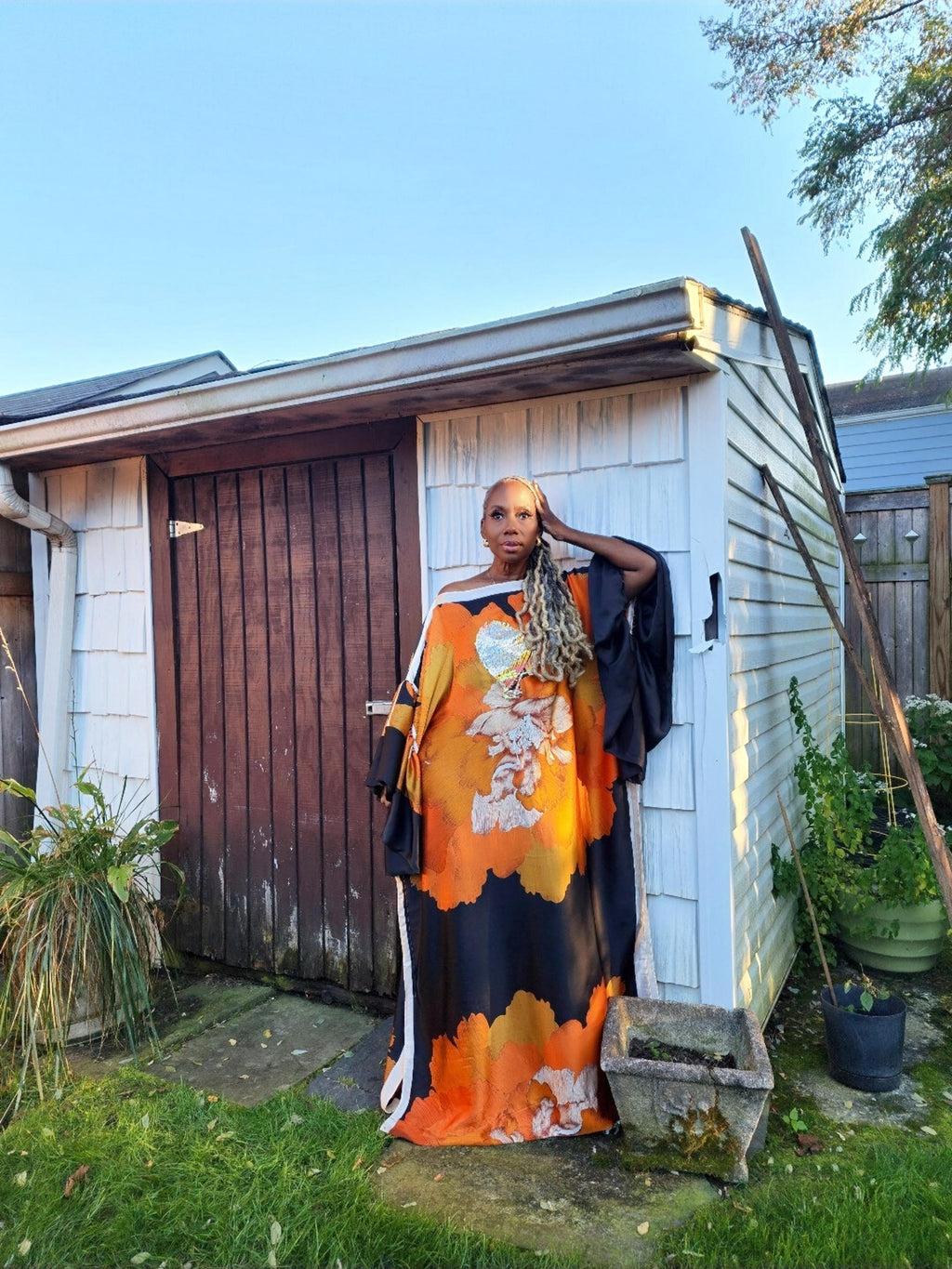 Sequin LiiLiiGiirl Kaftan Dress: Black, Gold, Orange Floral One Size Kaftan Dress