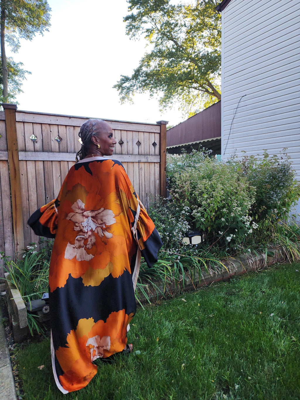 Sequin LiiLiiGiirl Kaftan Dress: Black, Gold, Orange Floral One Size Kaftan Dress