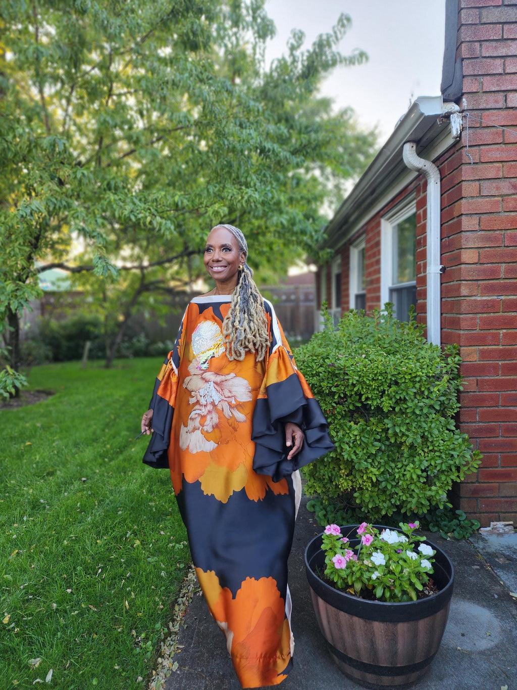 Sequin LiiLiiGiirl Kaftan Dress: Black, Gold, Orange Floral One Size Kaftan Dress