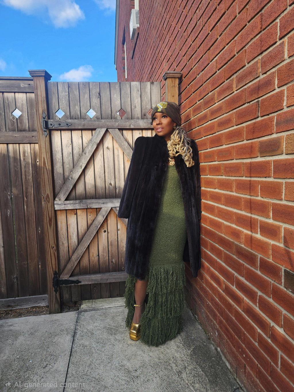 May include: A woman wearing a black fur coat over a green dress with a fringed hem. She is wearing a patterned head covering and gold platform heels. The background includes a wooden gate and a brick wall.