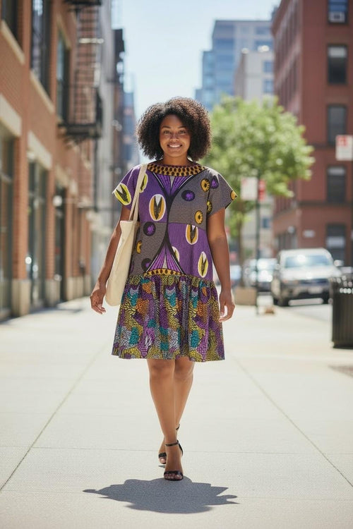Funika African Kimono Dress, Mixed Print Cotton Wax, Modest Summer Style