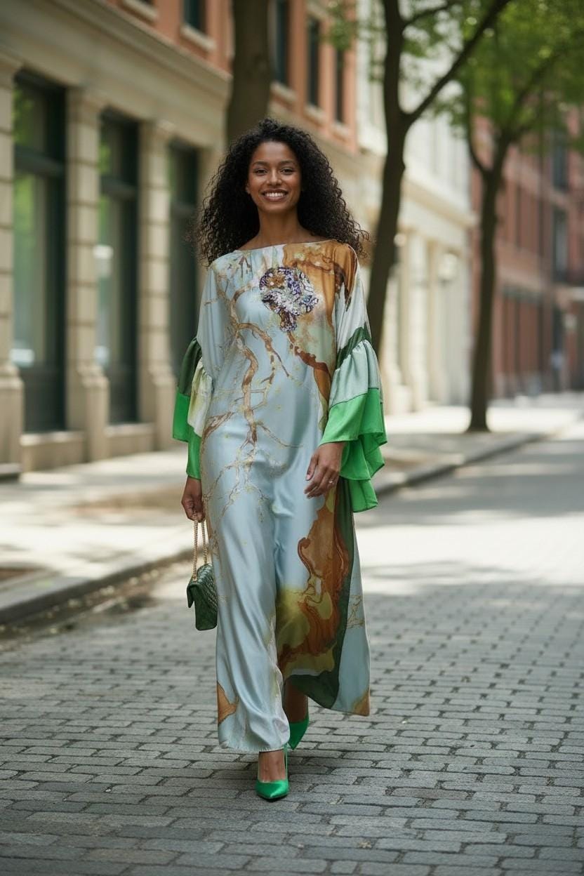 Sequin Kaftan Dress: Green, Gold, Orange Floral, One Size