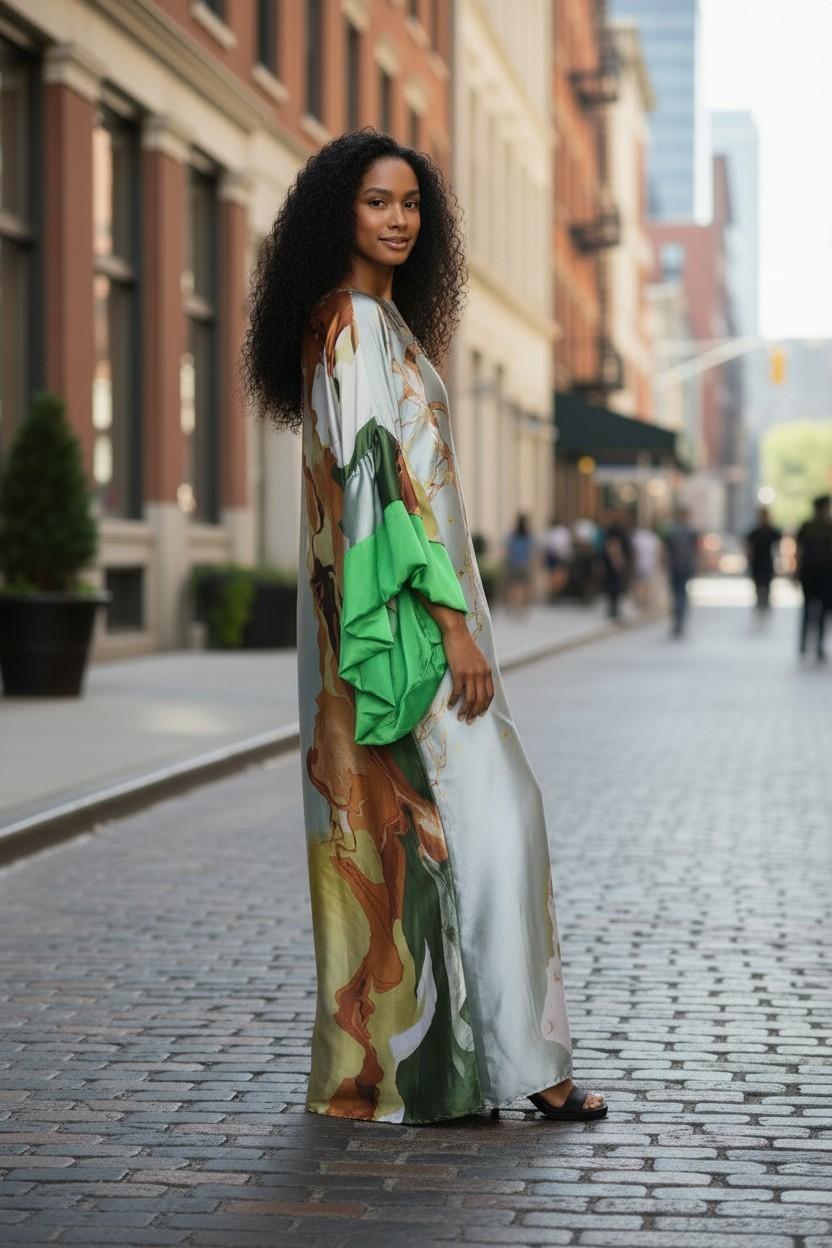 Sequin Kaftan Dress: Green, Gold, Orange Floral, One Size