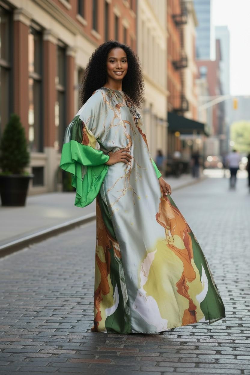Sequin Kaftan Dress: Green, Gold, Orange Floral, One Size