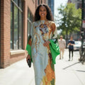 Sequin Kaftan Dress: Green, Gold, Orange Floral, One Size