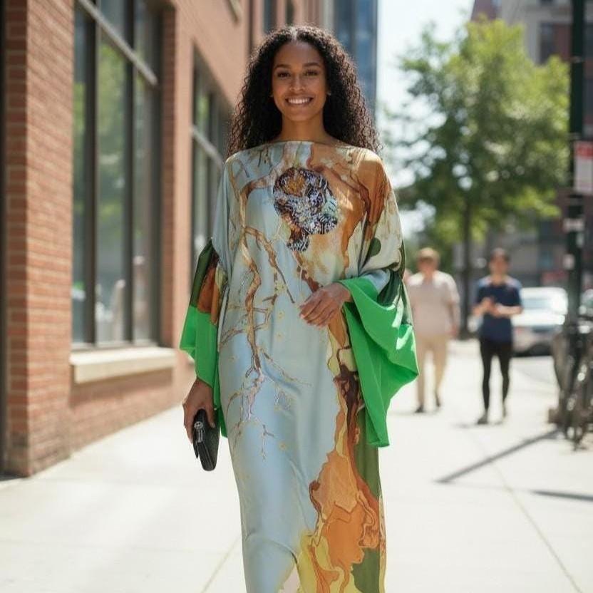 Sequin Kaftan Dress: Green, Gold, Orange Floral, One Size