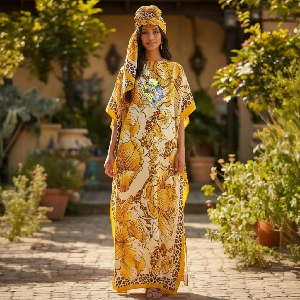 Sequin Afro-Girl Kaftan Dress with Scarf – Flowy Vacation Maxi Dress