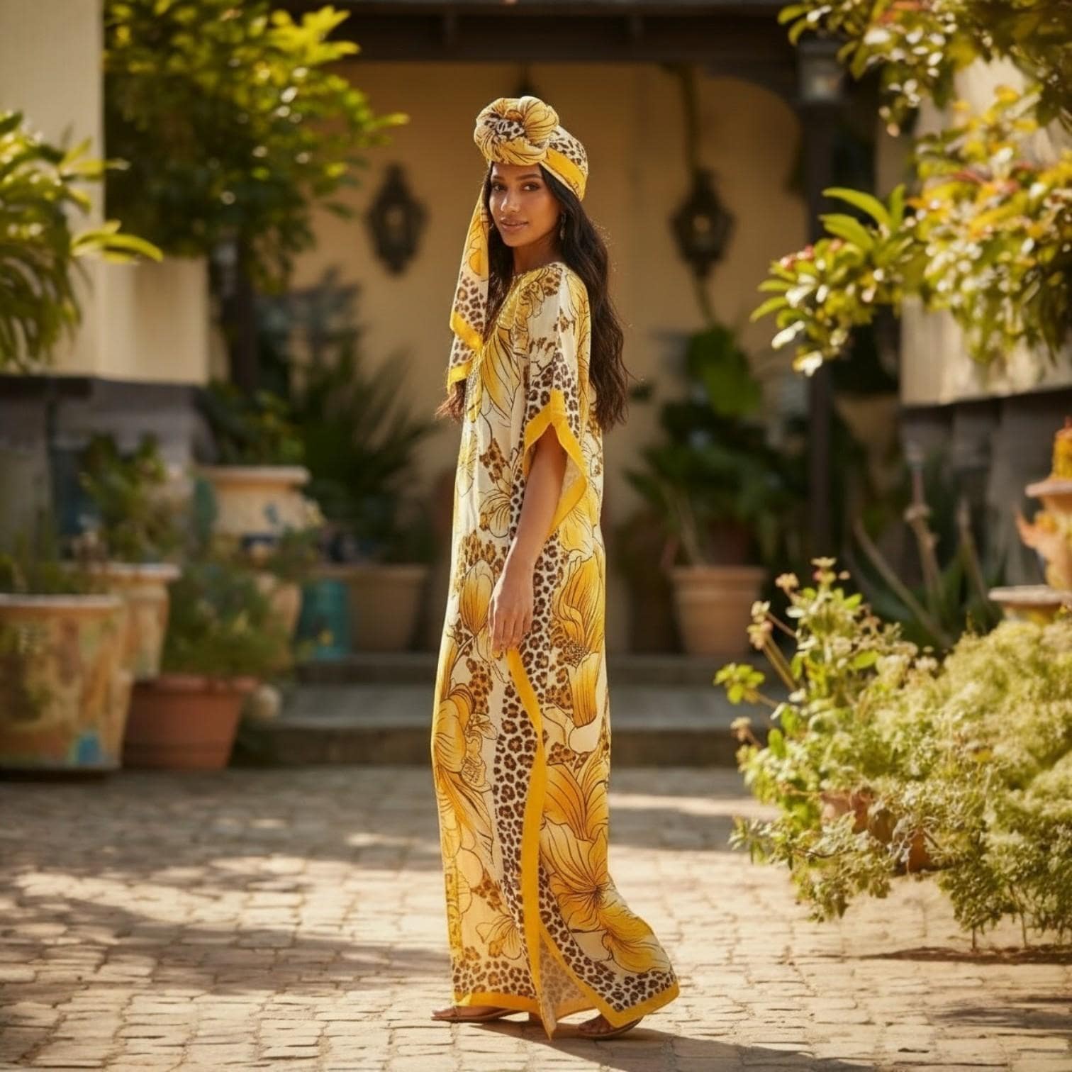 Sequin Afro-Girl Kaftan Dress with Scarf – Flowy Vacation Maxi Dress