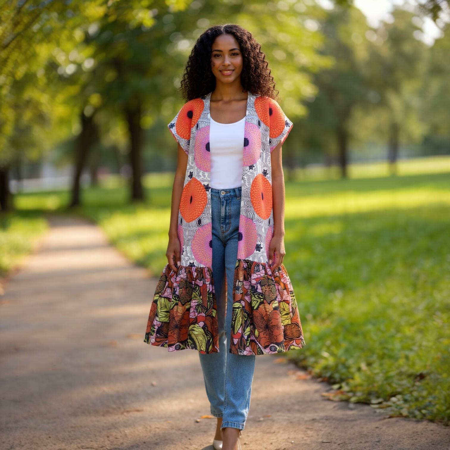 FUNIKA Duster, Lavender, Navy and Orange Glitter Wax African Print Duster, African Print Kimono, African Dress for Women