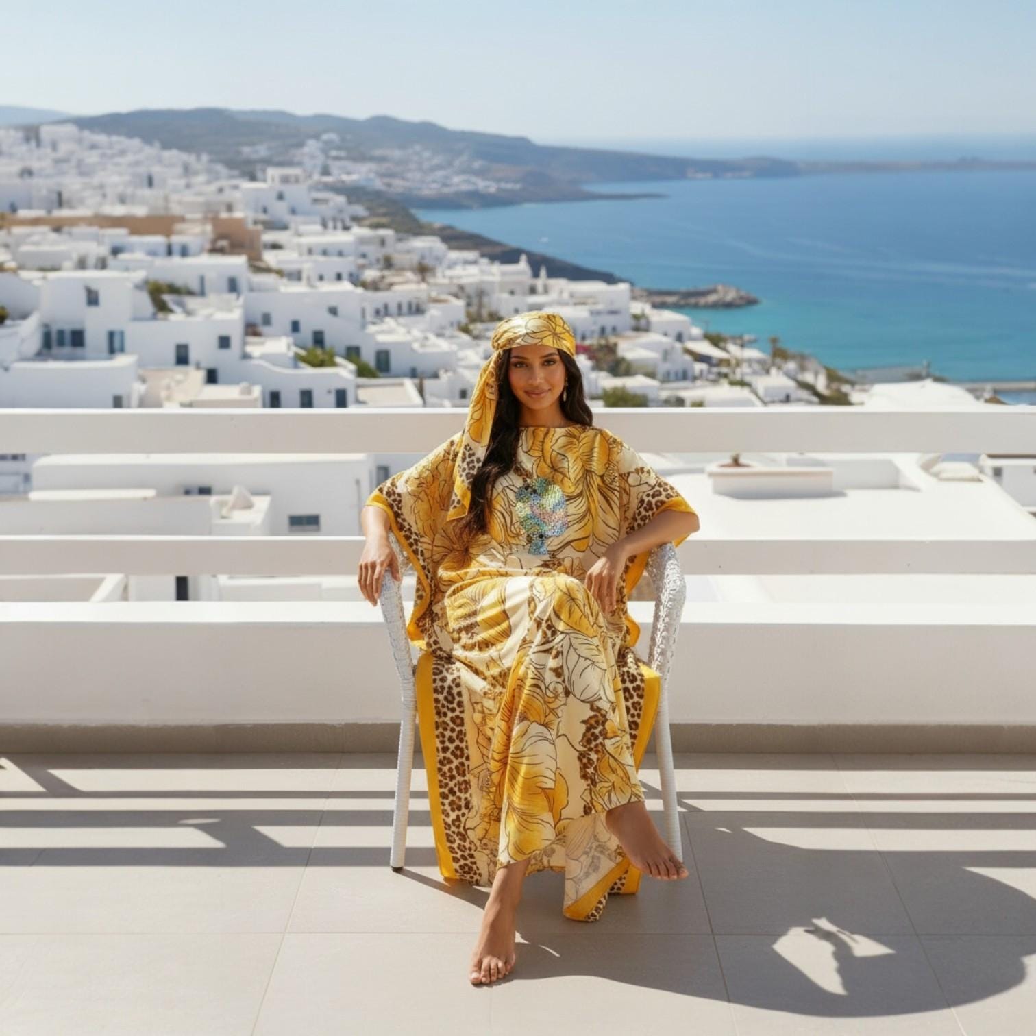 Sequin Afro-Girl Kaftan Dress with Scarf – Flowy Vacation Maxi Dress