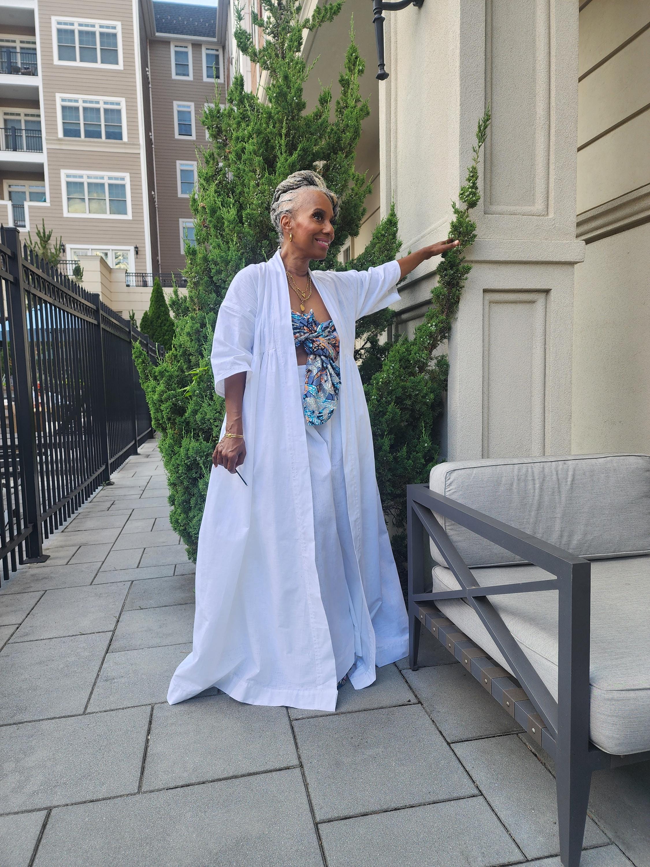 Harusi Kimono:  White Linen Maxi Duster Coat